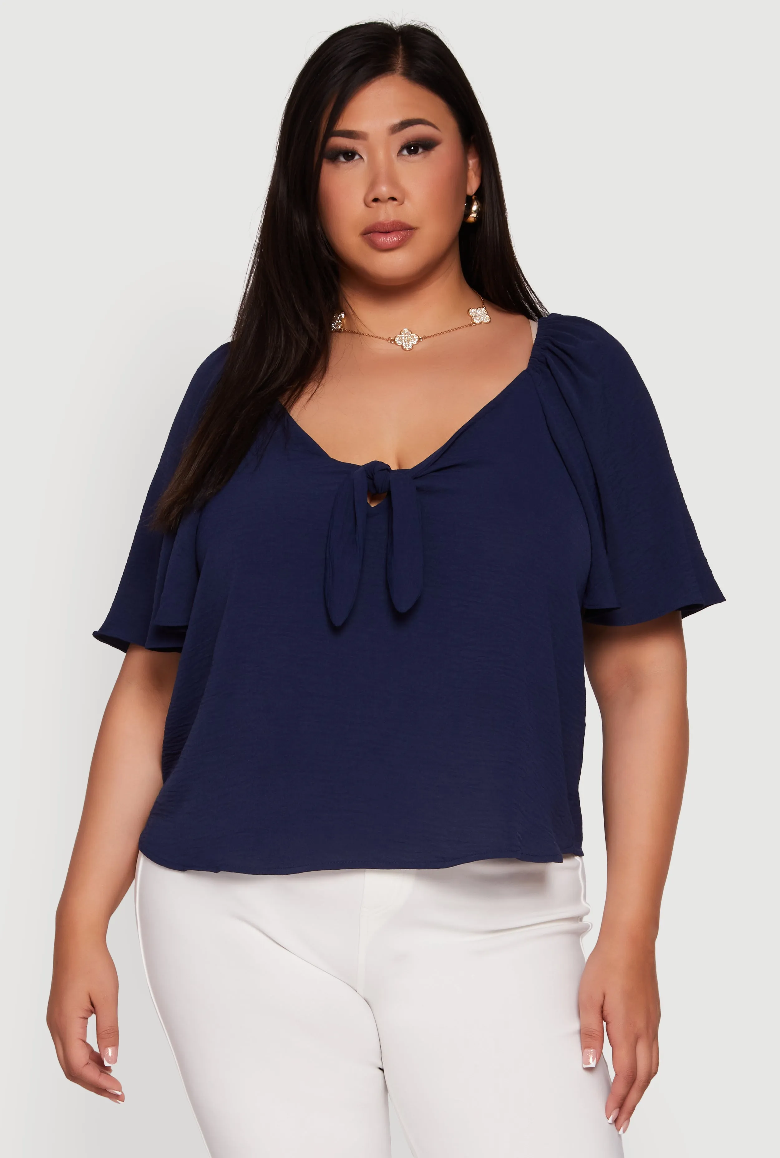 Plus Size Tie Front V Neck Flutter Sleeve Blouse sold by Rainbow product image thumbnail 2
