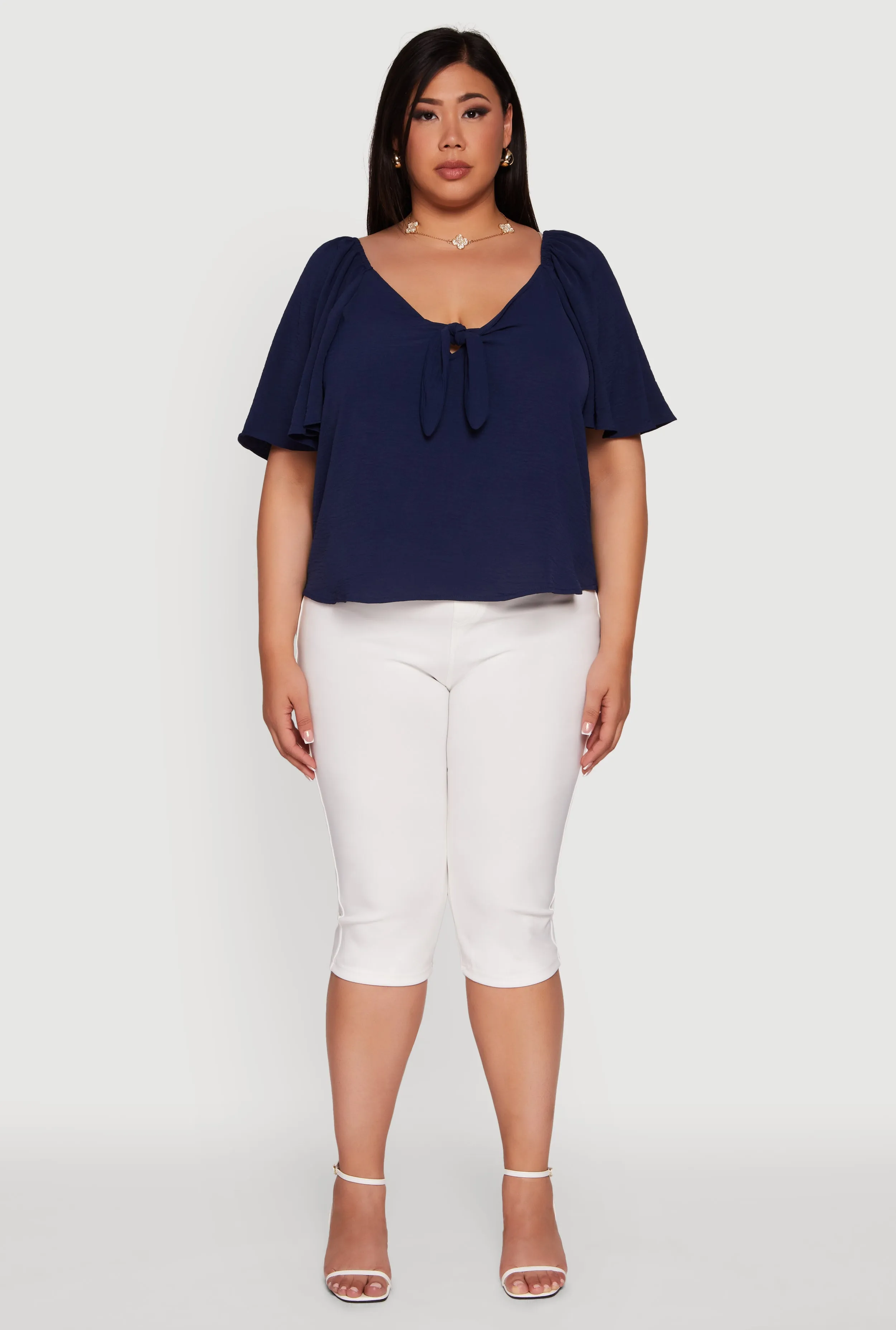 Plus Size Tie Front V Neck Flutter Sleeve Blouse sold by Rainbow product image thumbnail 3