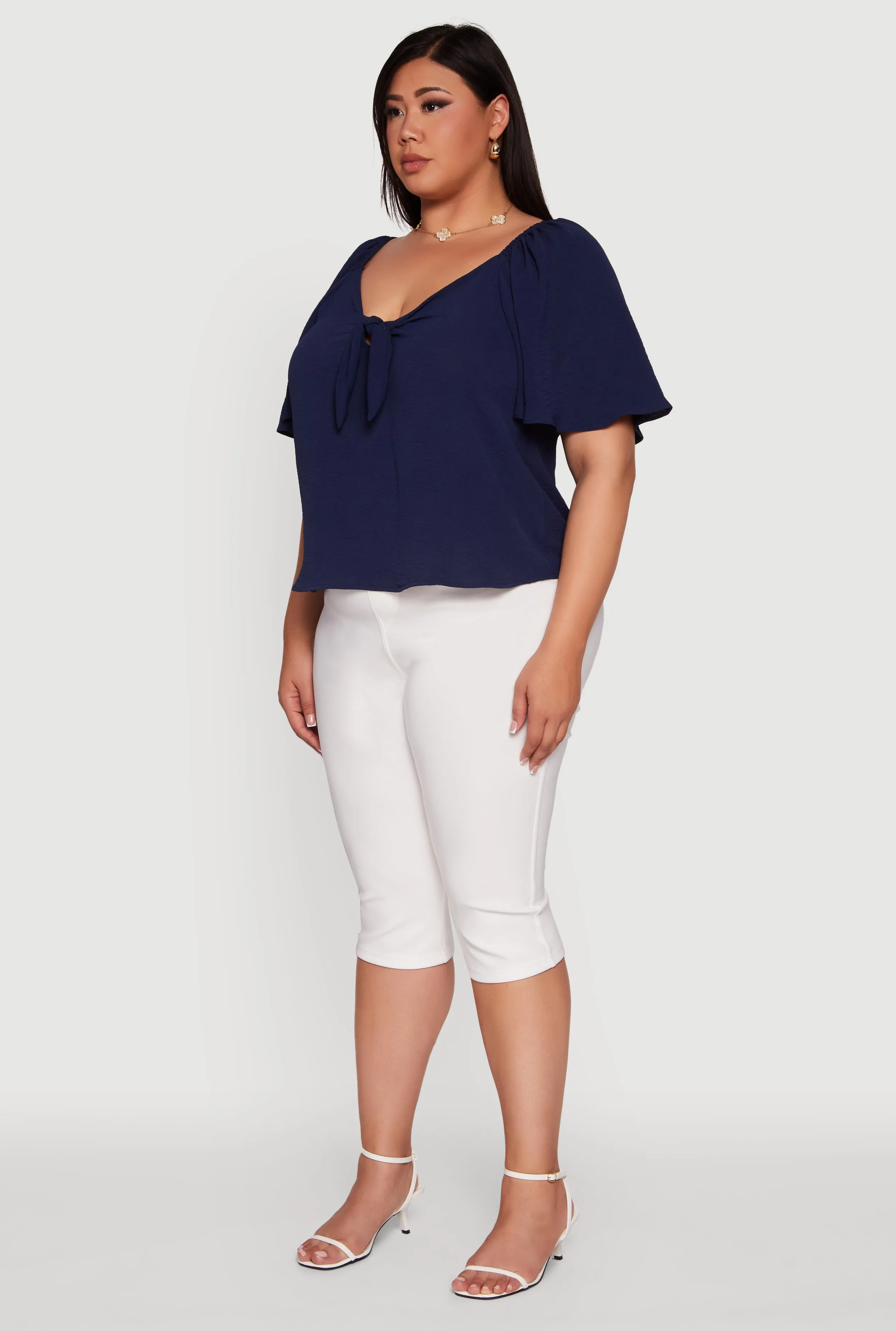 Plus Size Tie Front V Neck Flutter Sleeve Blouse sold by Rainbow product image thumbnail 5
