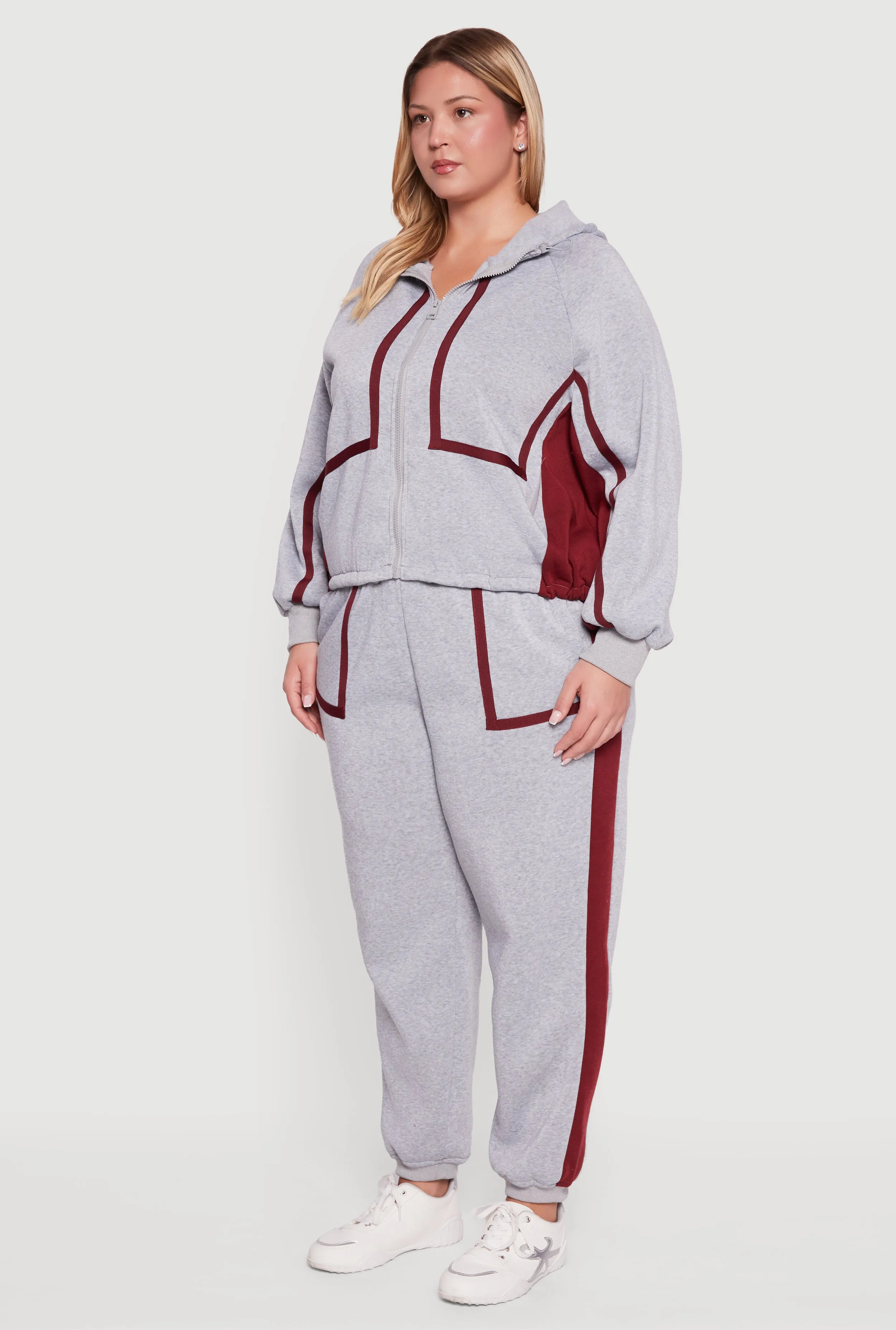 Plus Size Zip Front Contrast Trim Fleece Lined Hooded Sweatshirt sold by Rainbow product image thumbnail 5