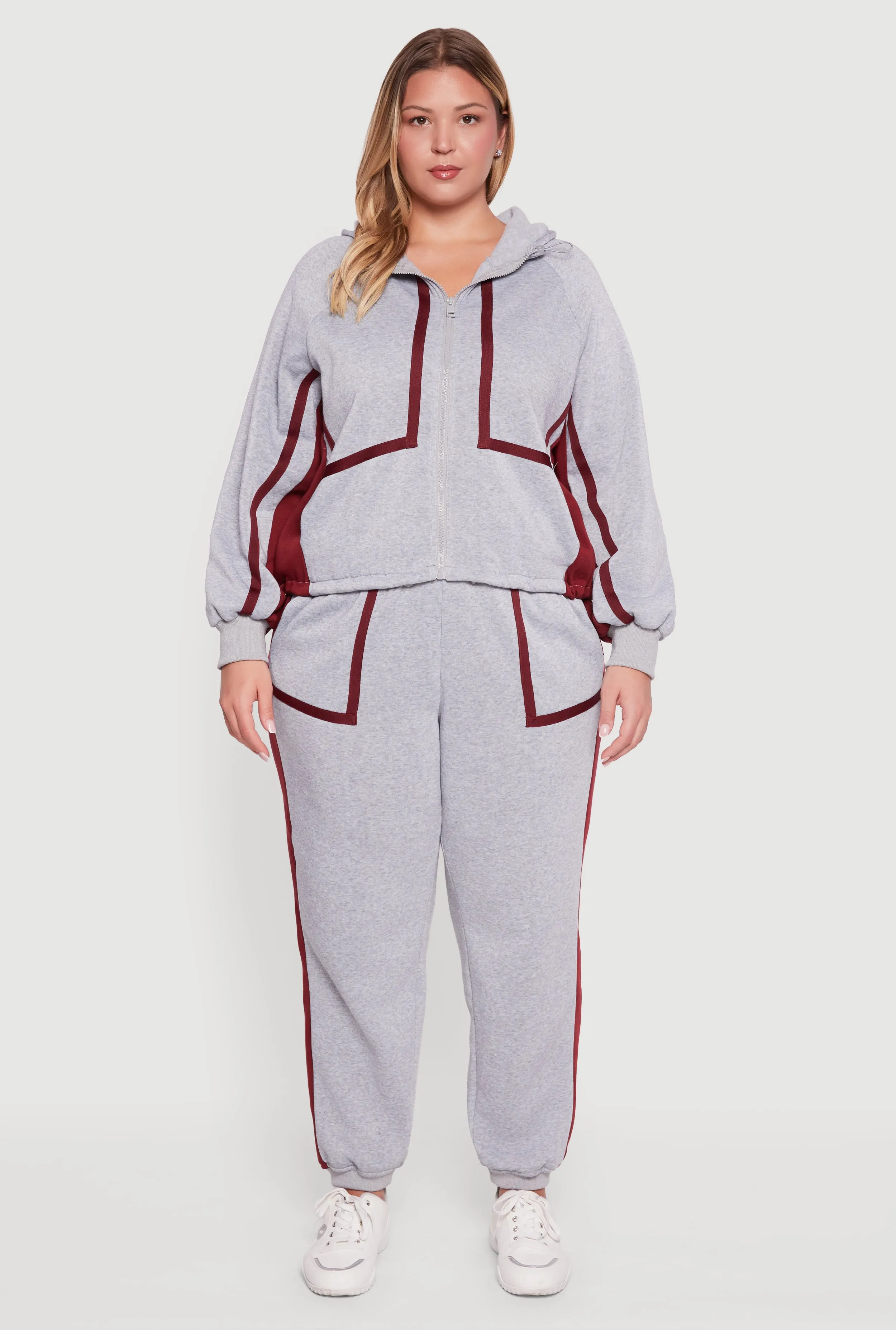 Plus Size Zip Front Contrast Trim Fleece Lined Hooded Sweatshirt sold by Rainbow product image thumbnail 3