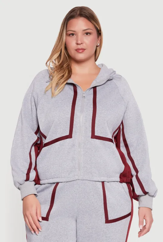 Plus Size Zip Front Contrast Trim Fleece Lined Hooded Sweatshirt sold by Rainbow