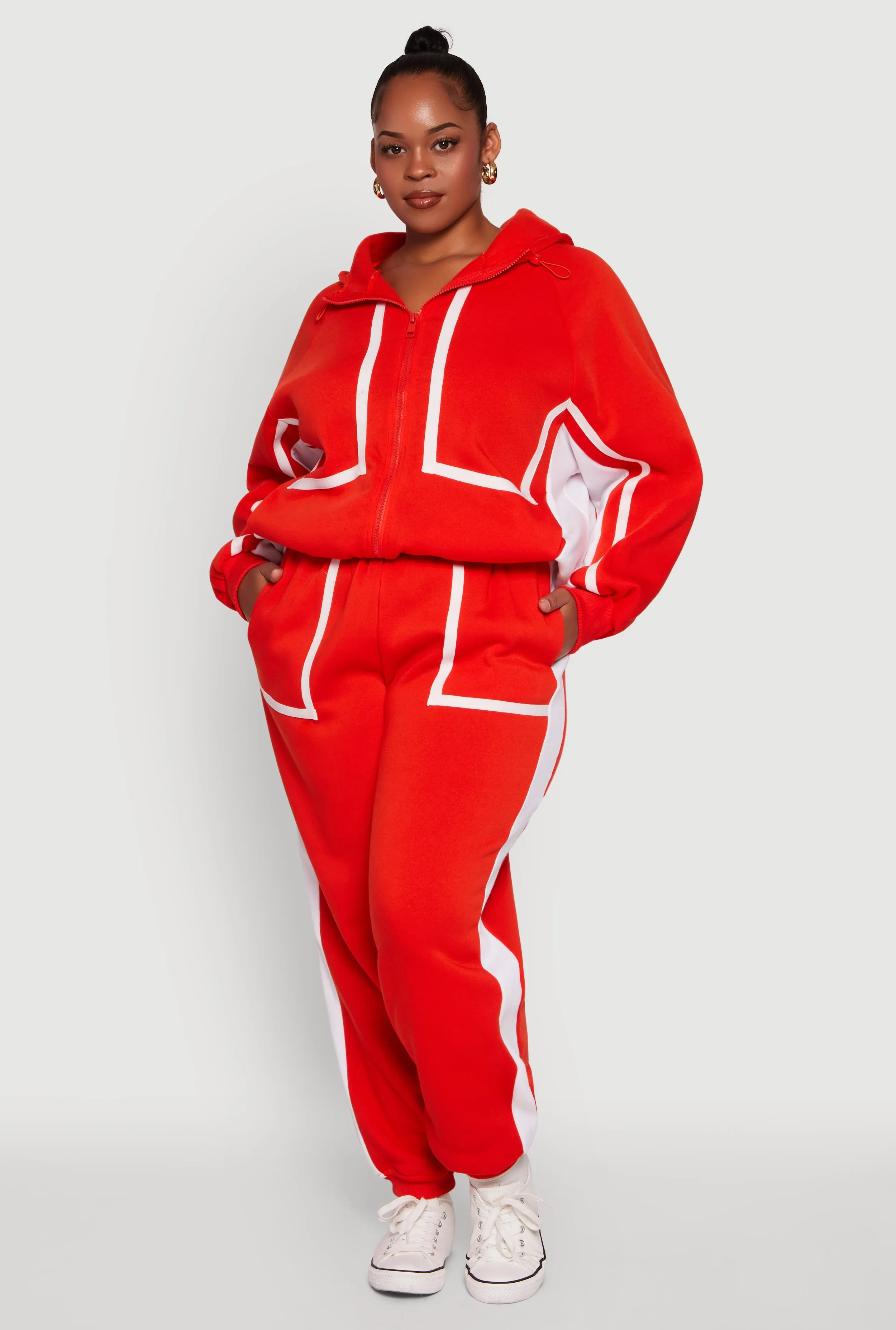 Plus Size Zip Front Contrast Trim Fleece Lined Hooded Sweatshirt sold by Rainbow product image thumbnail 3