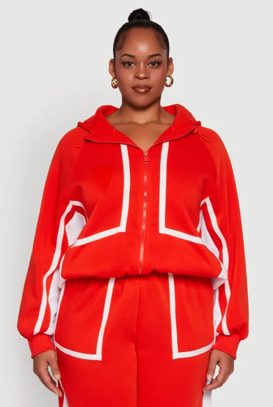 Plus Size Zip Front Contrast Trim Fleece Lined Hooded Sweatshirt sold by Rainbow