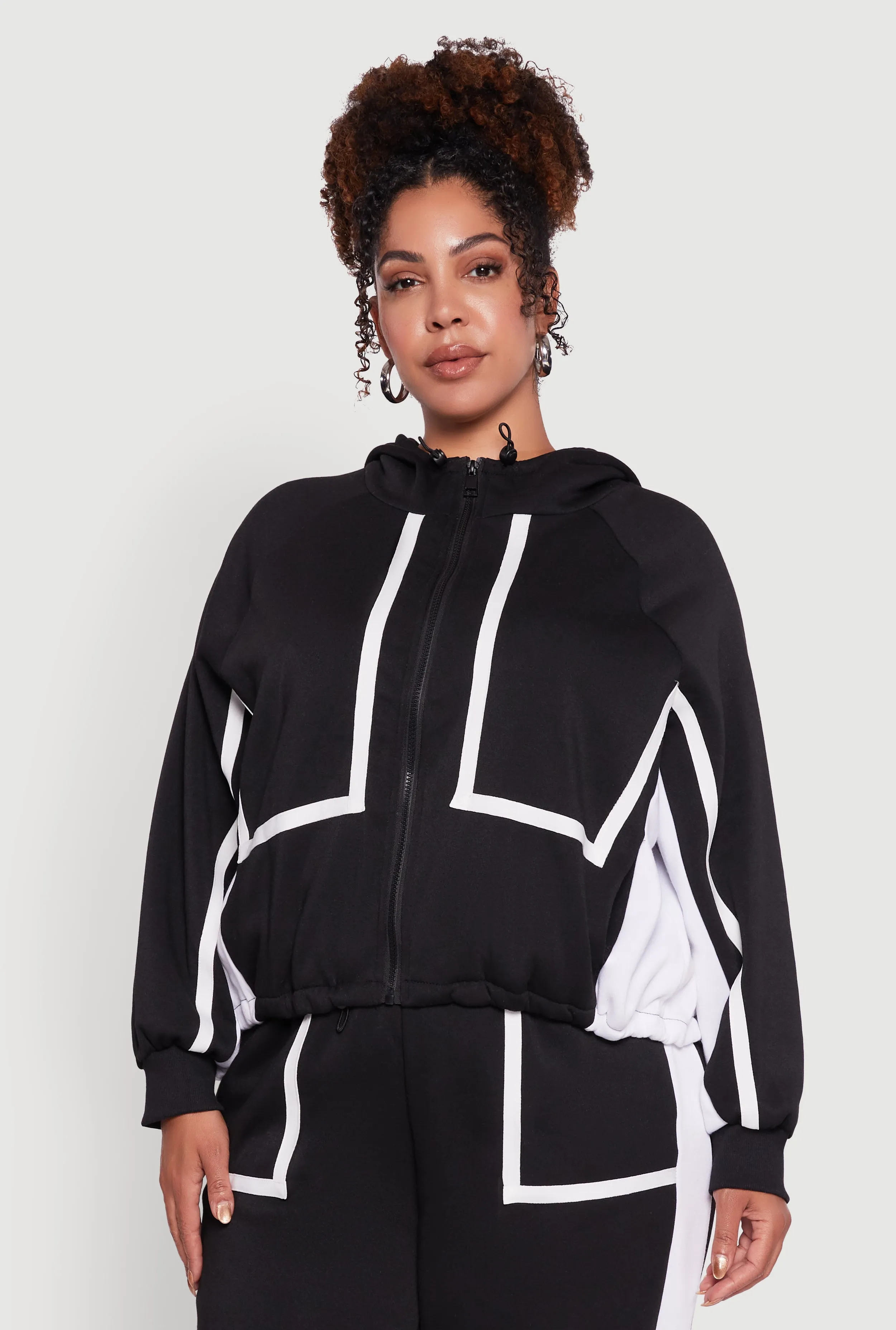Plus Size Zip Front Contrast Trim Fleece Lined Hooded Sweatshirt sold by Rainbow