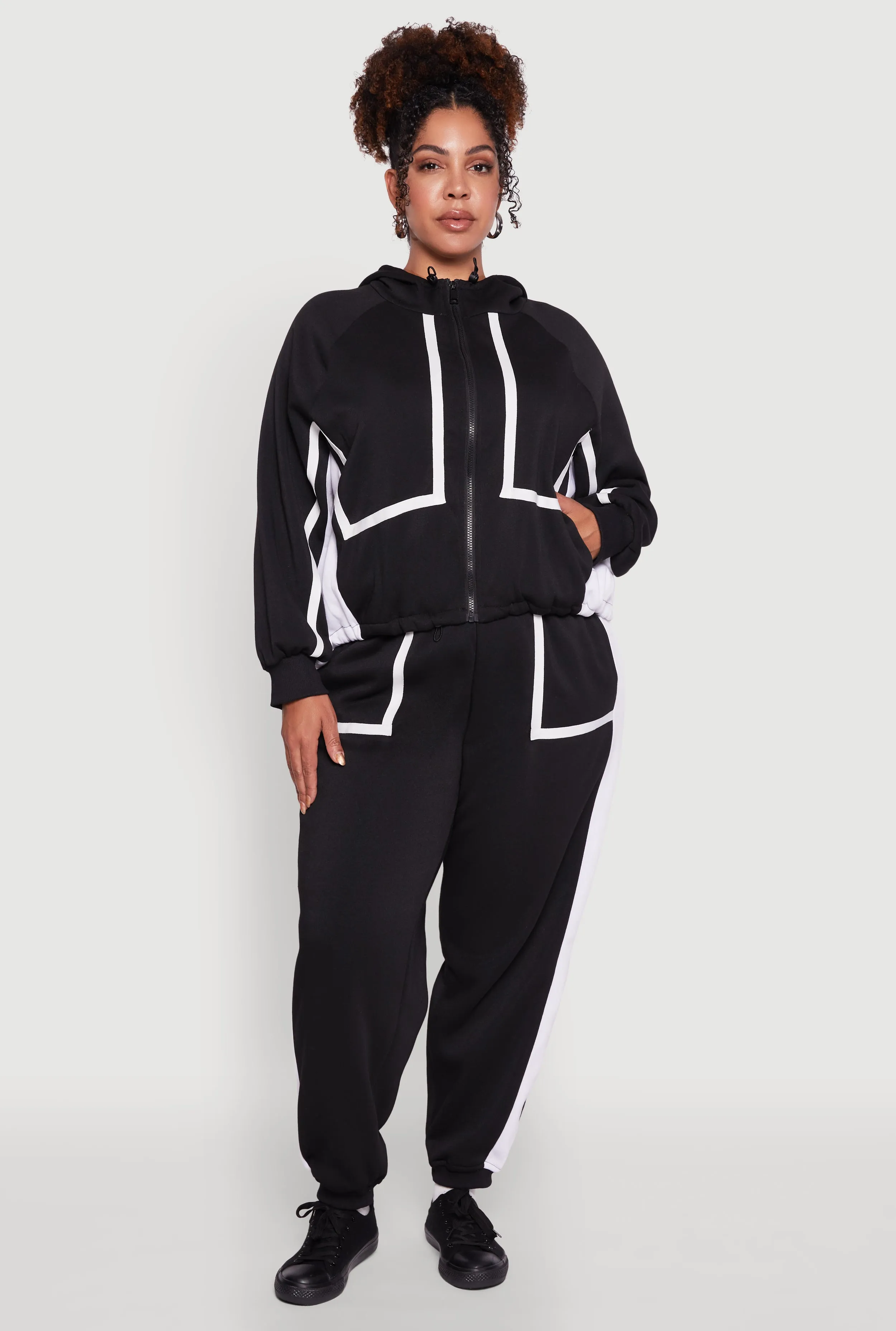 Plus Size Zip Front Contrast Trim Fleece Lined Hooded Sweatshirt sold by Rainbow product image thumbnail 2