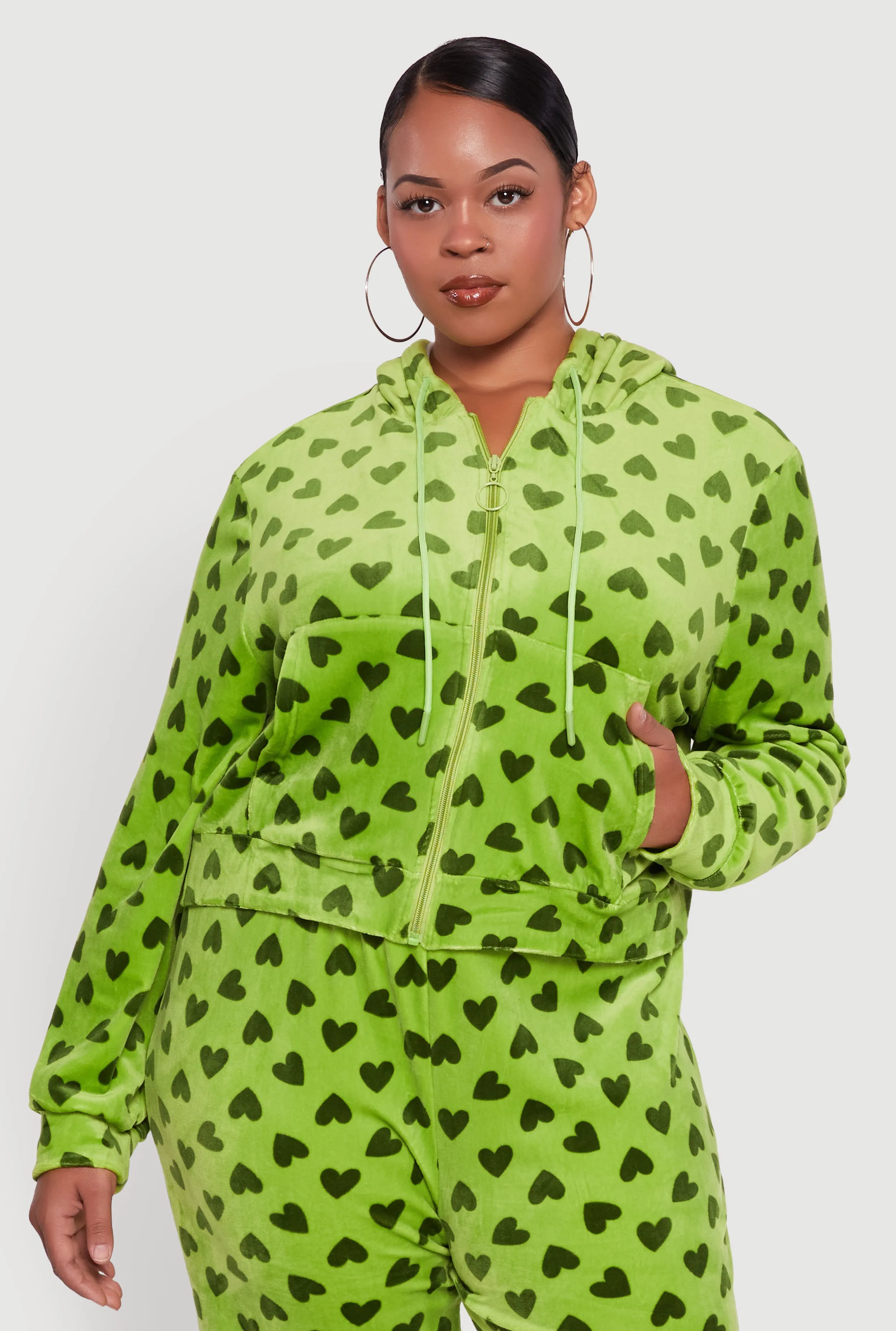 Plus Size Velour Heart Print Zip Front Hoodie sold by Rainbow