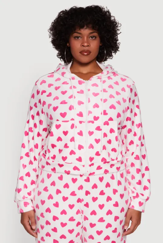 Plus Size Velour Heart Print Zip Front Hoodie sold by Rainbow