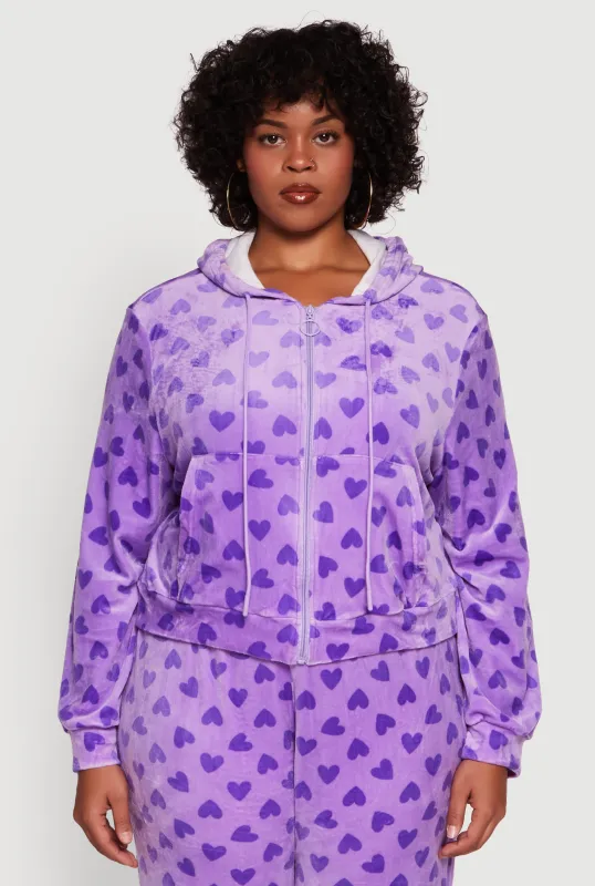 Plus Size Velour Heart Print Zip Front Hoodie sold by Rainbow