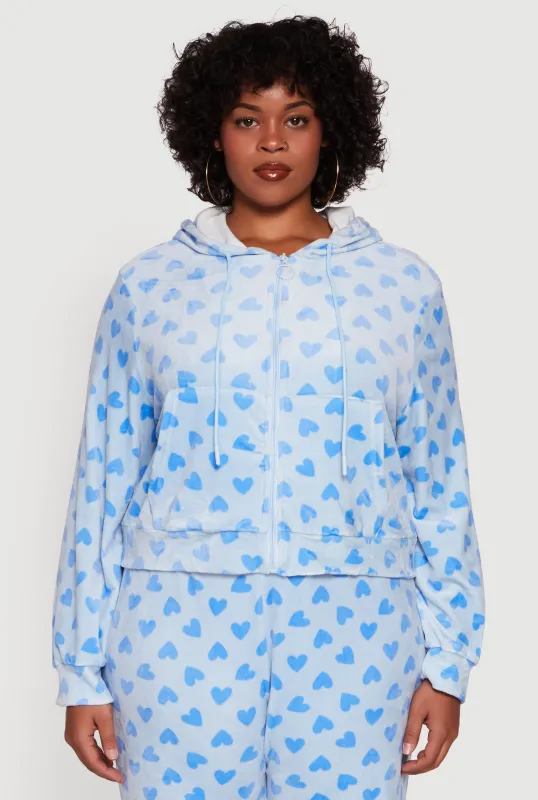 Plus Size Velour Heart Print Zip Front Hoodie sold by Rainbow