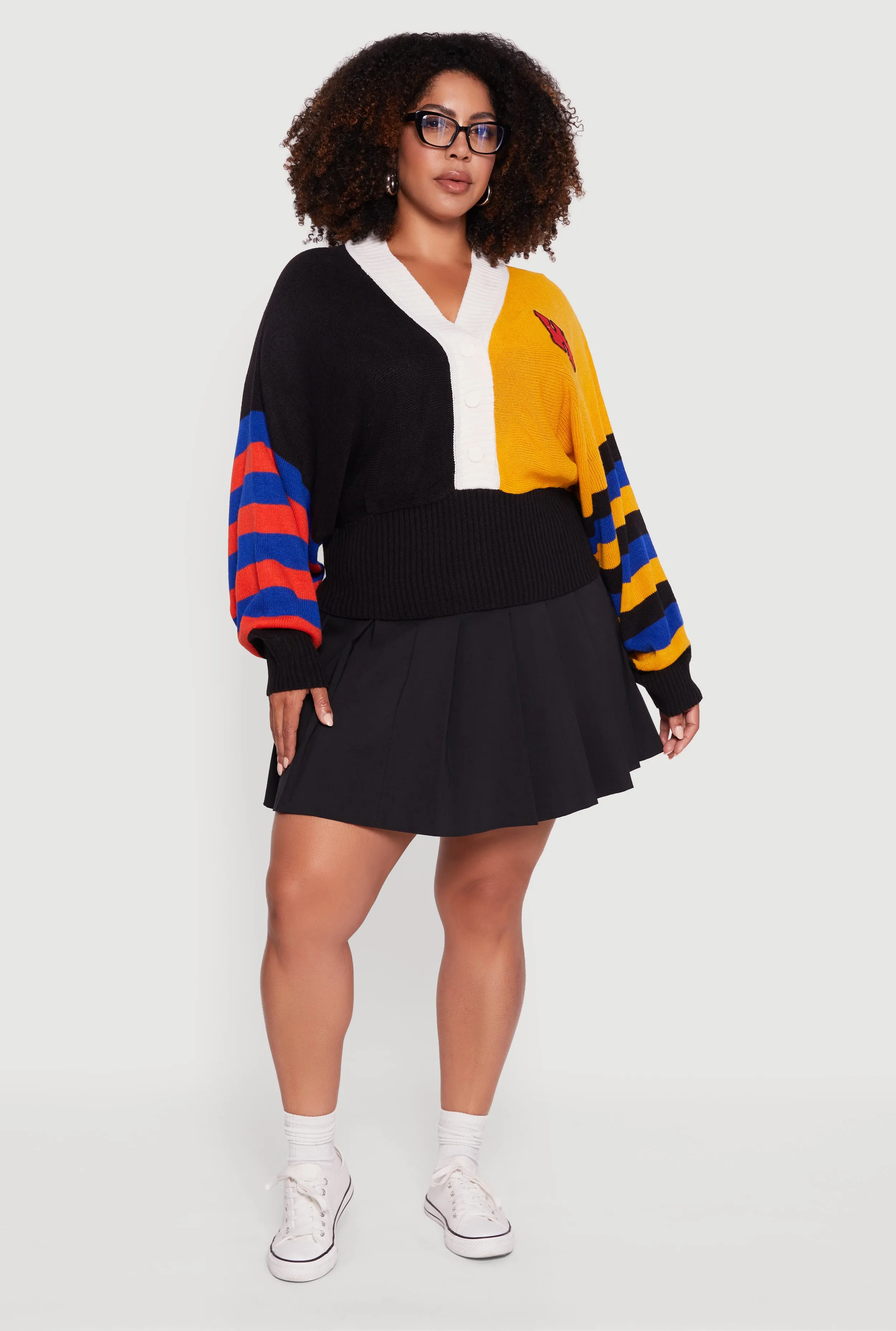 Plus Size Color Blocked Striped W Patch Graphic Sweater sold by Rainbow