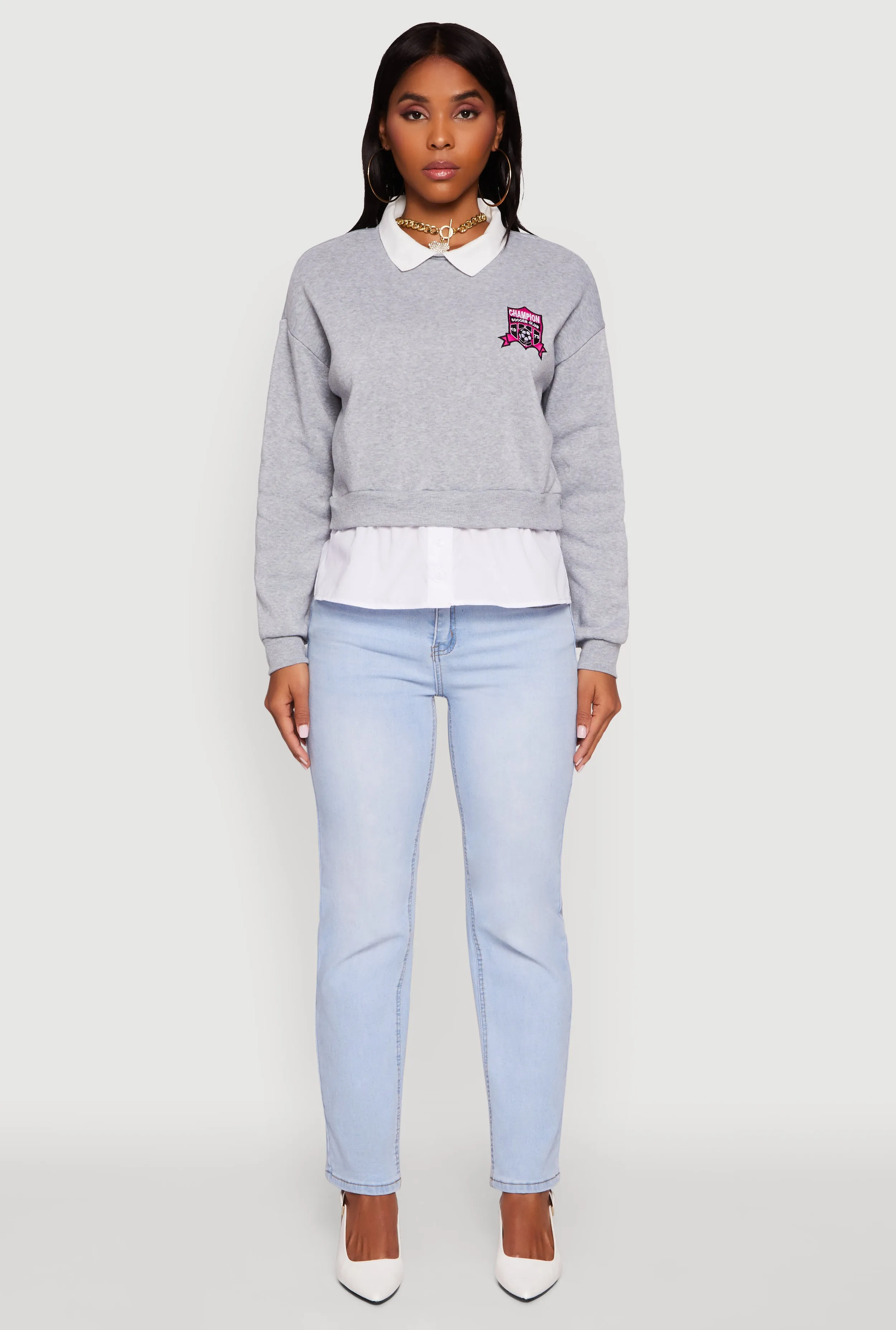 Shirt Collar Layered Look Patch Graphic Sweatshirt sold by Rainbow product image thumbnail 3