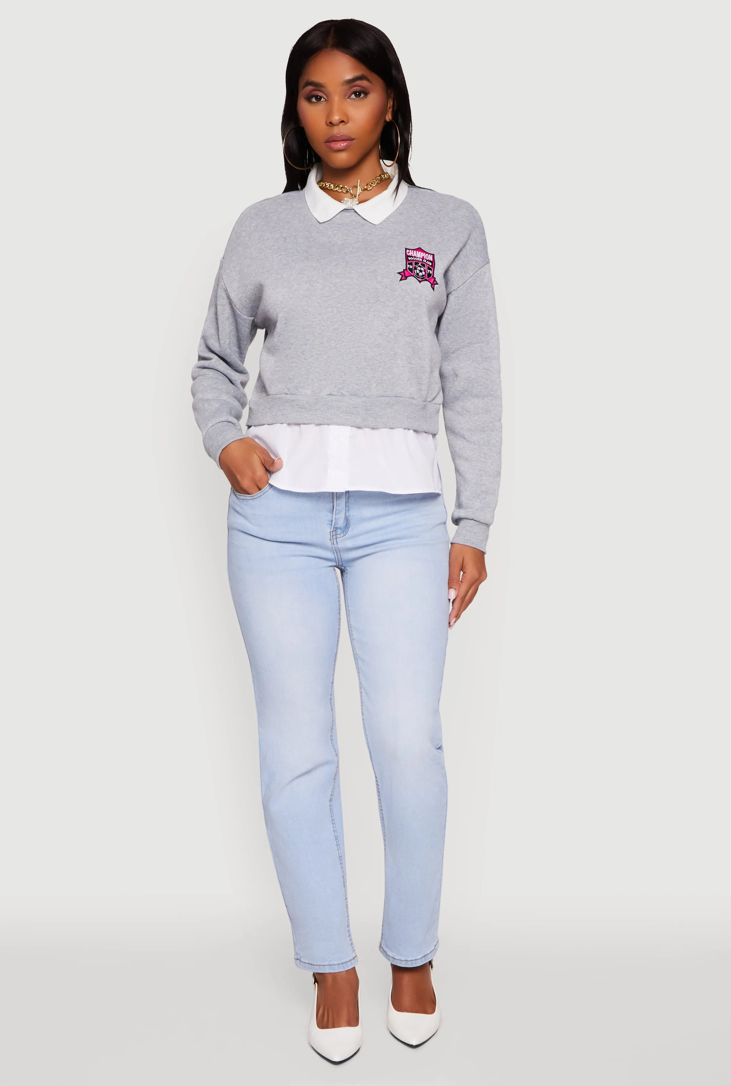 Shirt Collar Layered Look Patch Graphic Sweatshirt sold by Rainbow