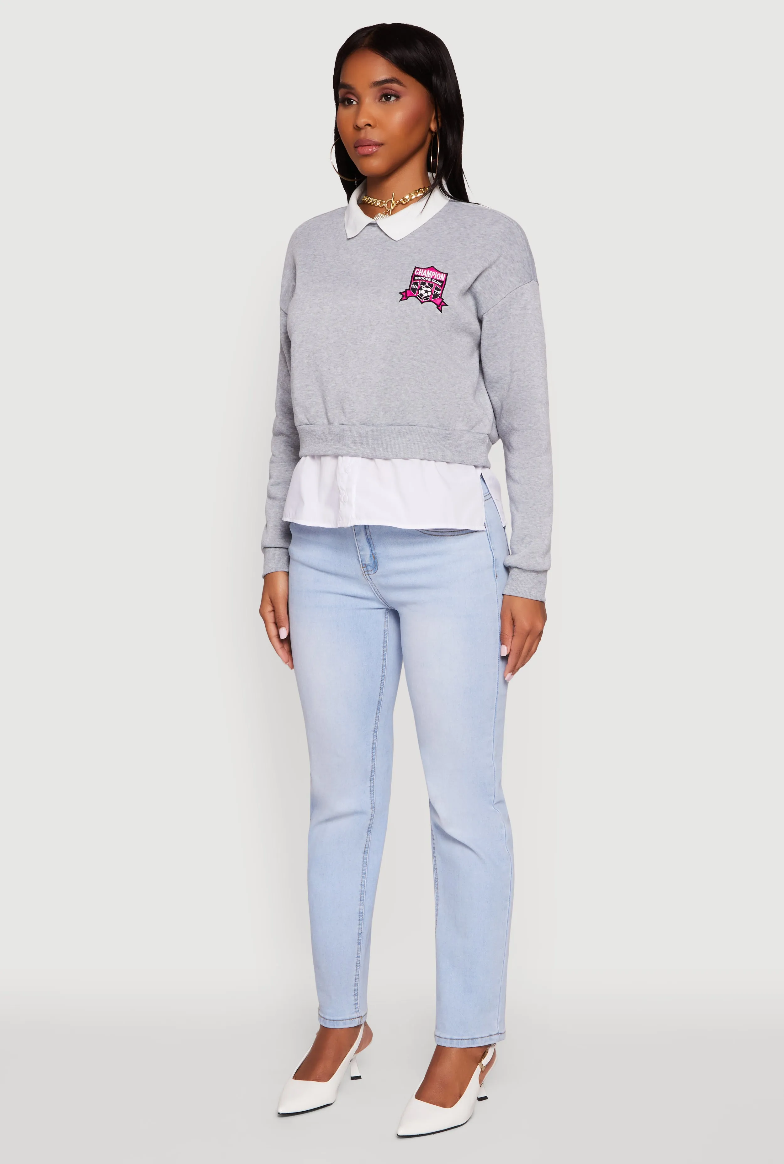 Shirt Collar Layered Look Patch Graphic Sweatshirt sold by Rainbow product image thumbnail 5