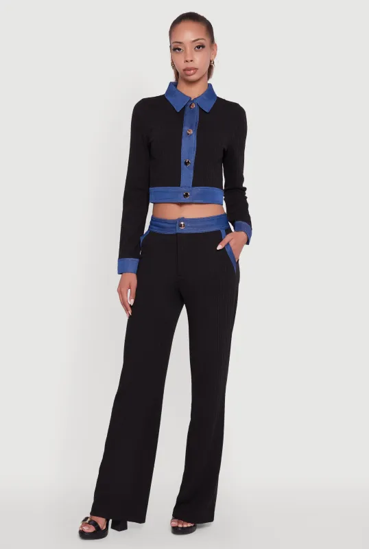 Mid Rise Straight Leg Denim Trim Pants with Pockets made by Rainbow