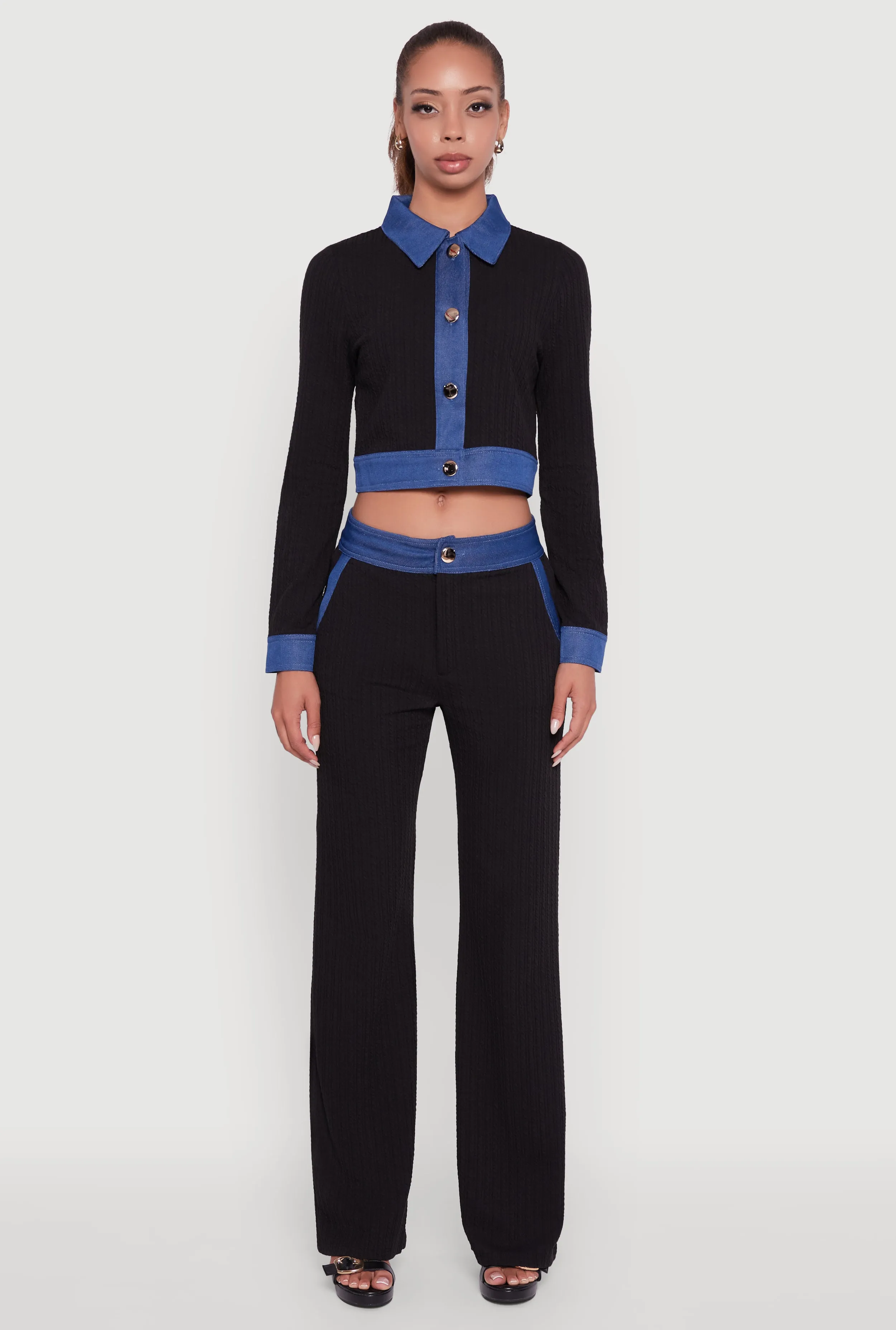 Denim Trim Long Sleeve Button Front Cropped Shirt sold by Rainbow product image thumbnail 3