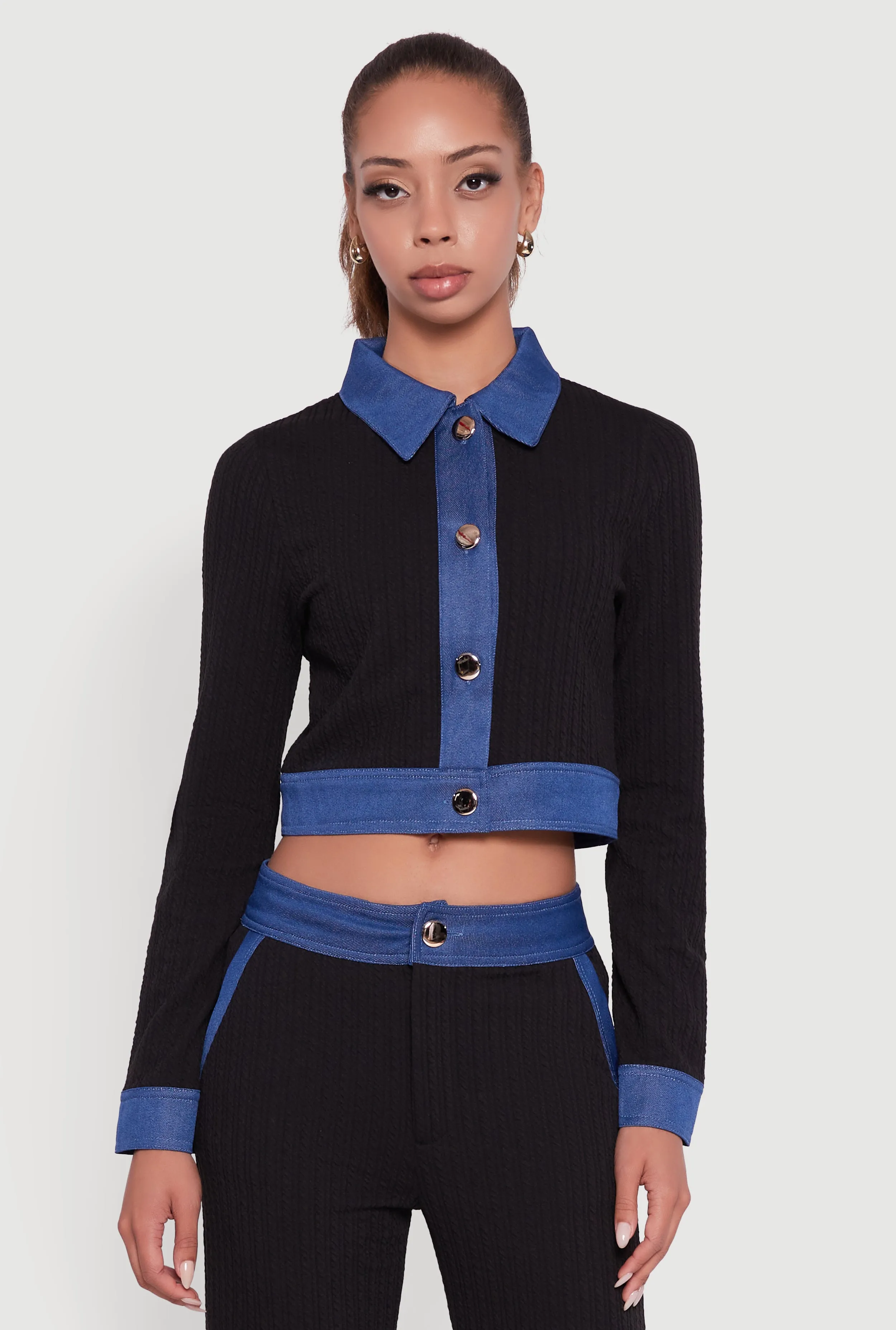 Denim Trim Long Sleeve Button Front Cropped Shirt sold by Rainbow