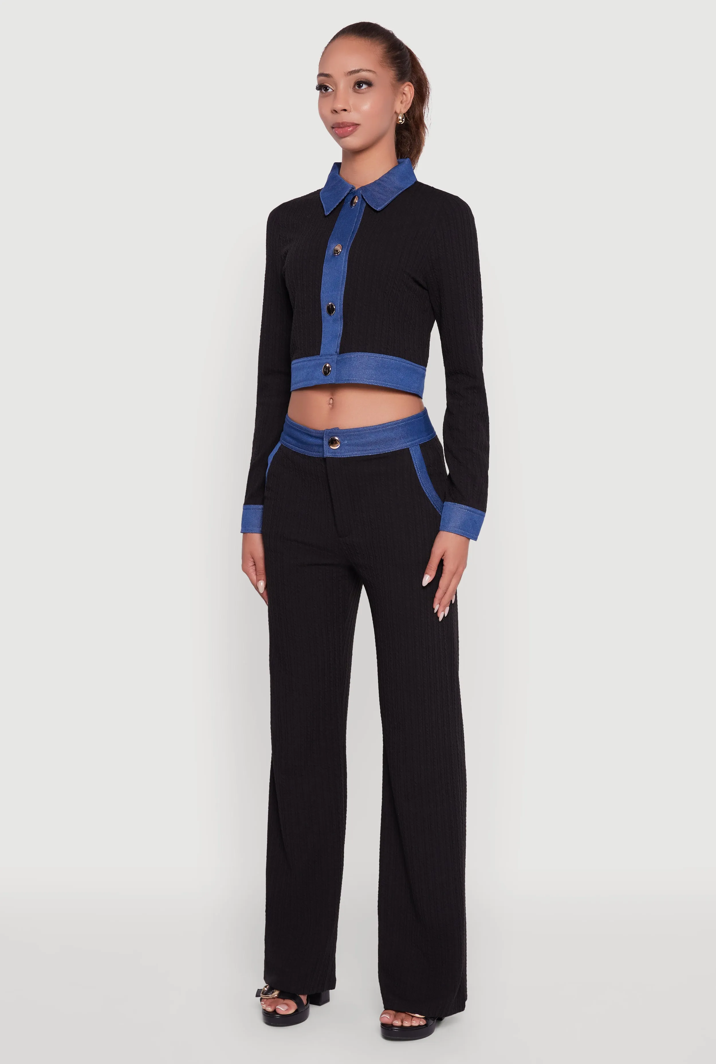 Denim Trim Long Sleeve Button Front Cropped Shirt sold by Rainbow product image thumbnail 5