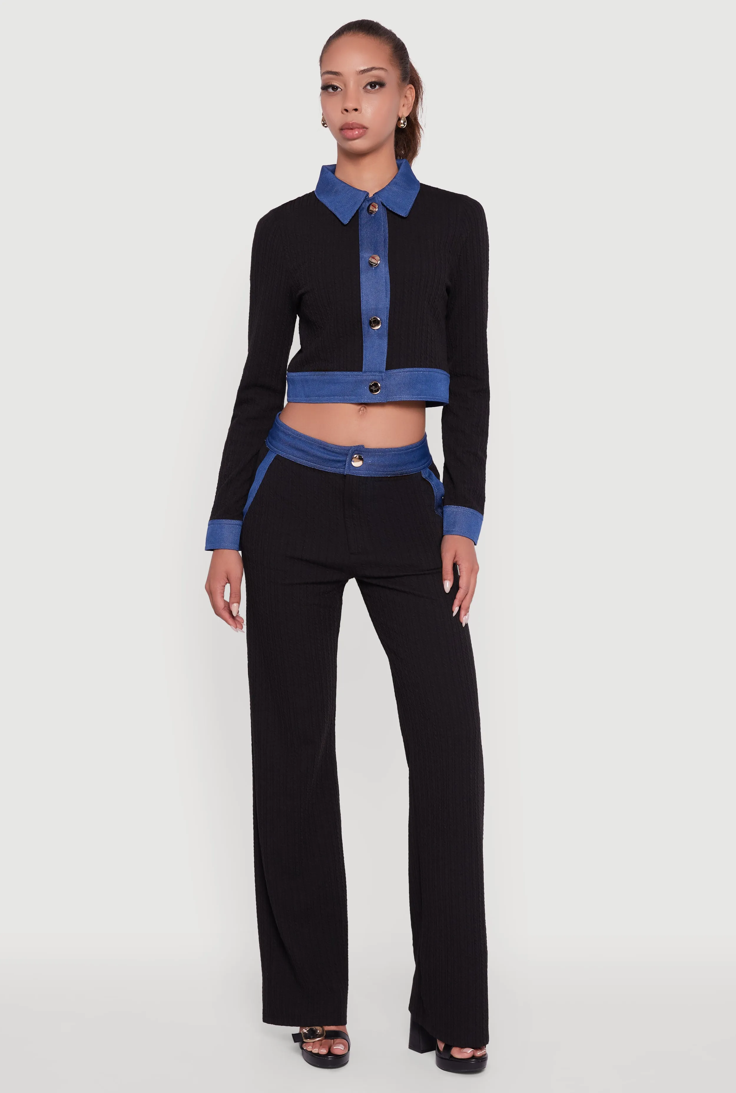 Denim Trim Long Sleeve Button Front Cropped Shirt sold by Rainbow product image thumbnail 2