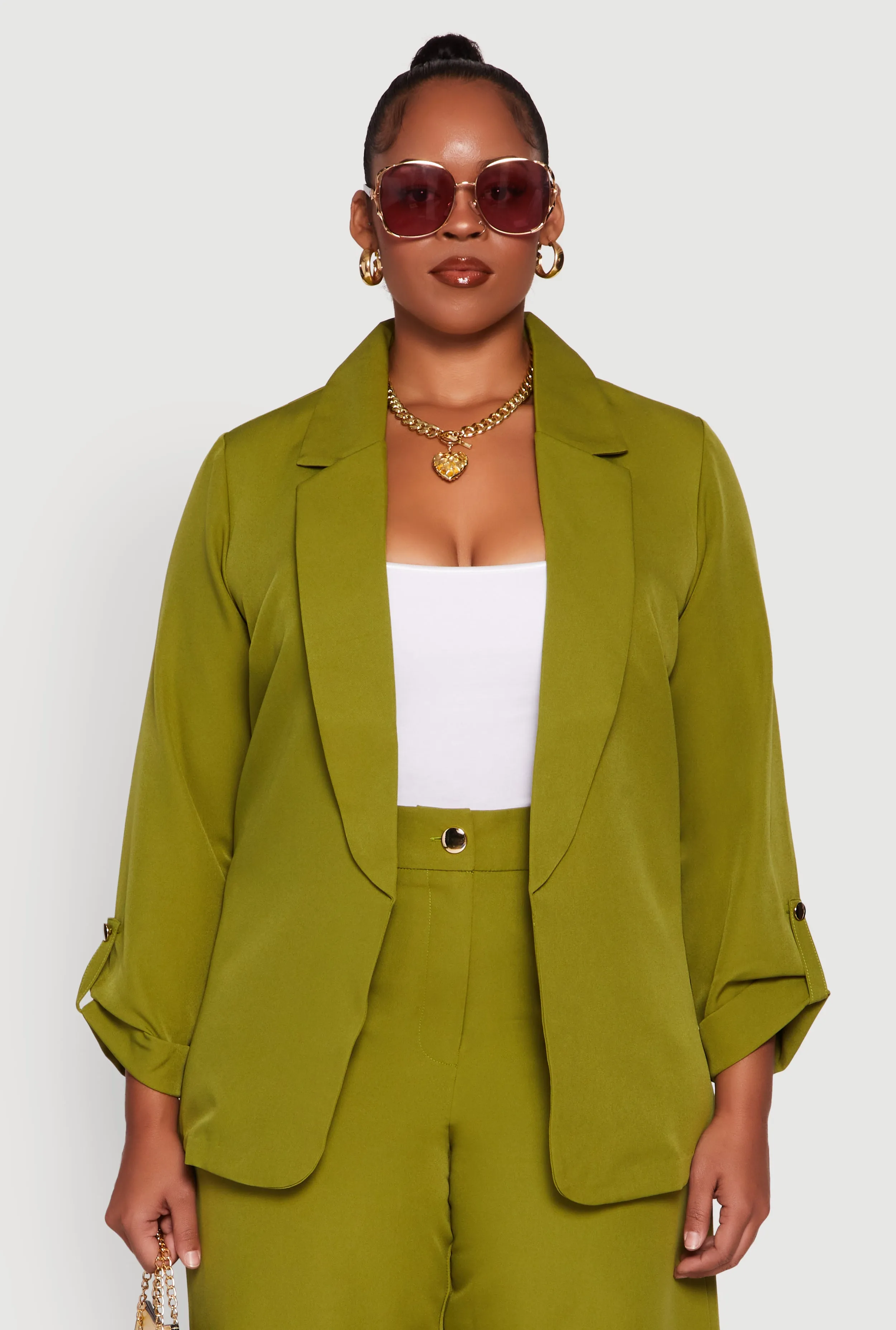 Plus Size Crepe Knit Long Sleeve Collared Blazer sold by Rainbow