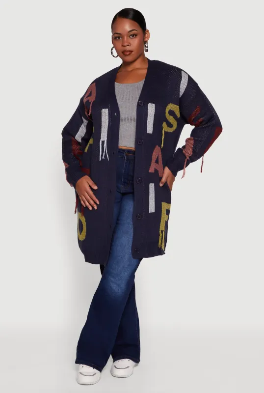 Plus Size Color Blocked Alphabet Fringe Detail Cardigan sold by Rainbow