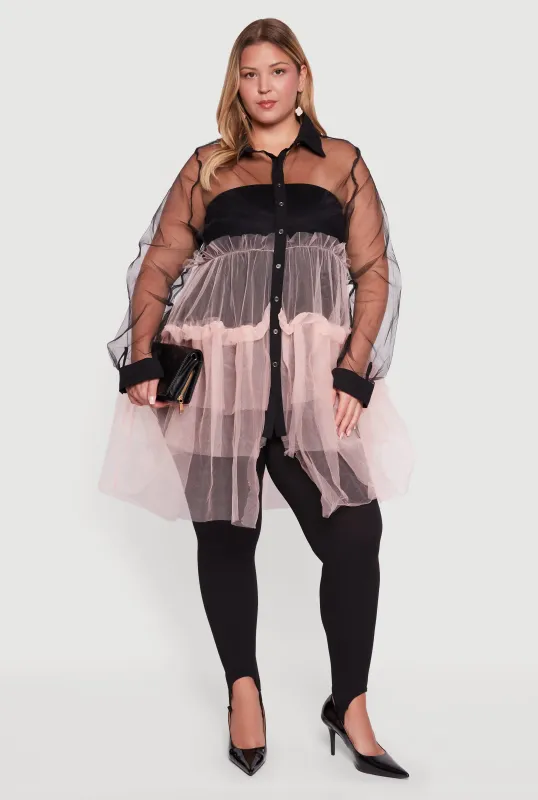 Plus Size Color Block Ruffle Tulle Tiered Shirt made by Rainbow