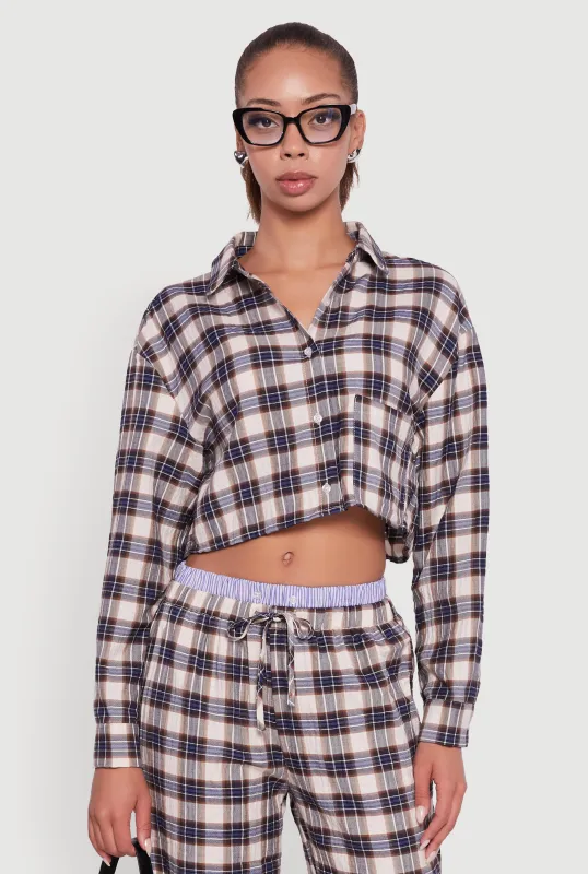 Plaid Long Sleeve Cropped Shirt sold by Rainbow