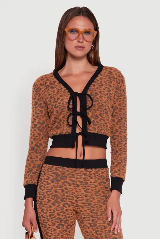 Leopard Print Tie Front Cropped Cardigan sold by Rainbow