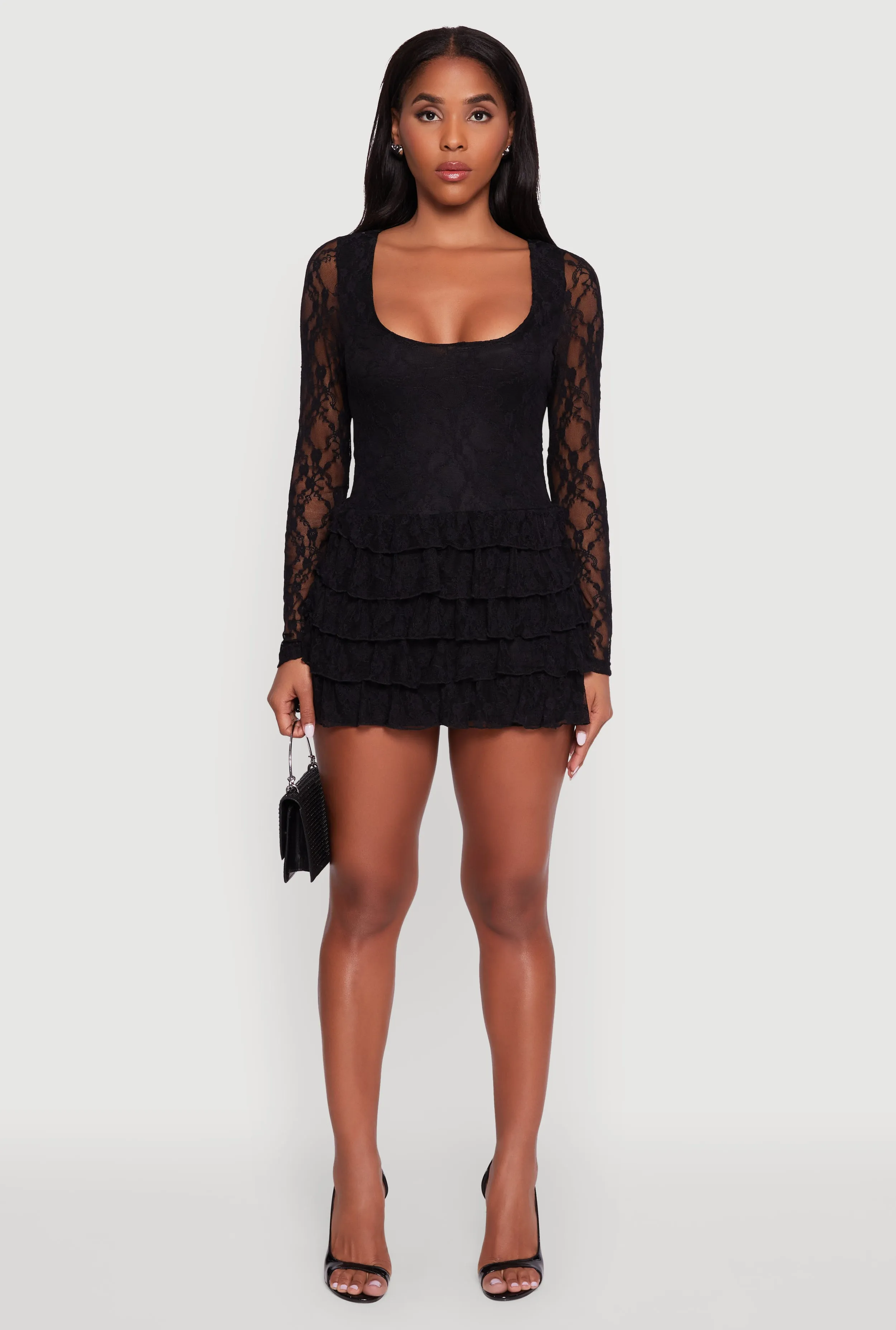 Floral Lace Ruffle Tiered Keyhole Back Mini Dress sold by Rainbow product image thumbnail 2