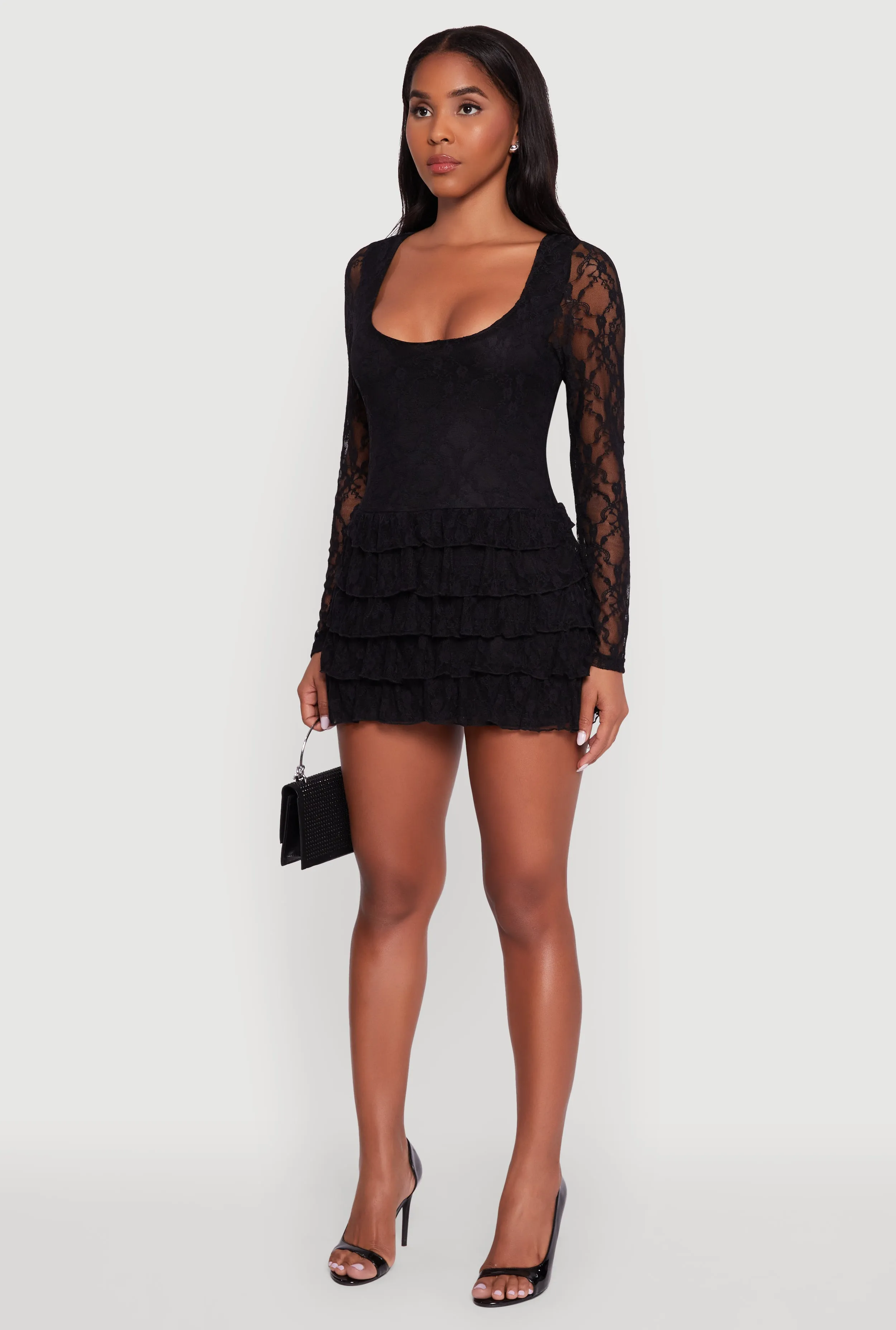 Floral Lace Ruffle Tiered Keyhole Back Mini Dress sold by Rainbow product image thumbnail 3