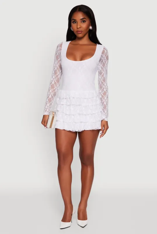 Floral Lace Ruffle Tiered Keyhole Back Mini Dress sold by Rainbow