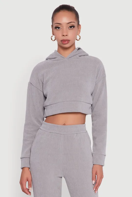 Ribbed Knit Long Sleeve Hooded Crop Top sold by Rainbow