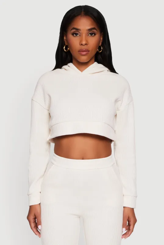 Ribbed Knit Long Sleeve Hooded Crop Top sold by Rainbow
