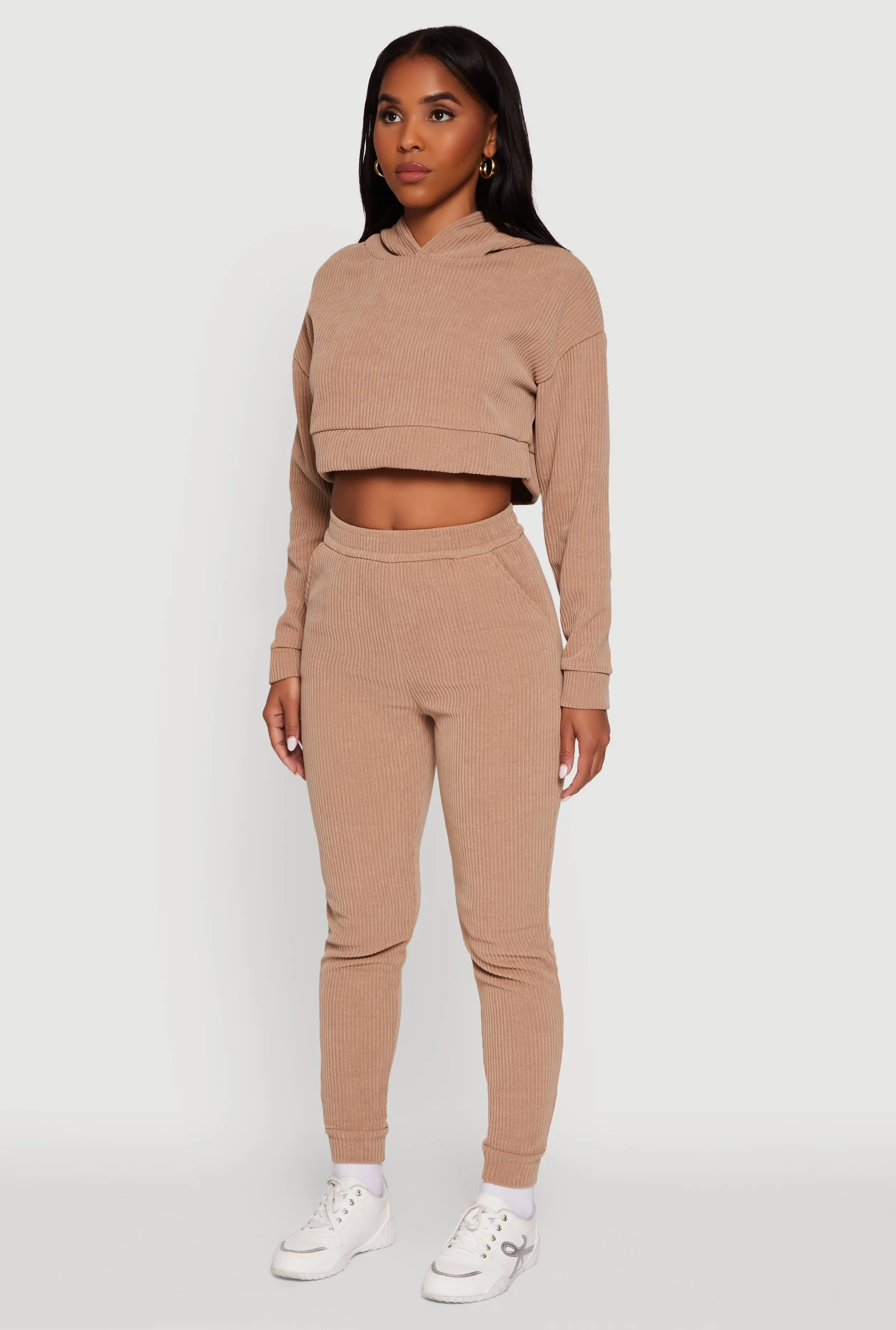Ribbed Knit Long Sleeve Hooded Crop Top sold by Rainbow product image thumbnail 5
