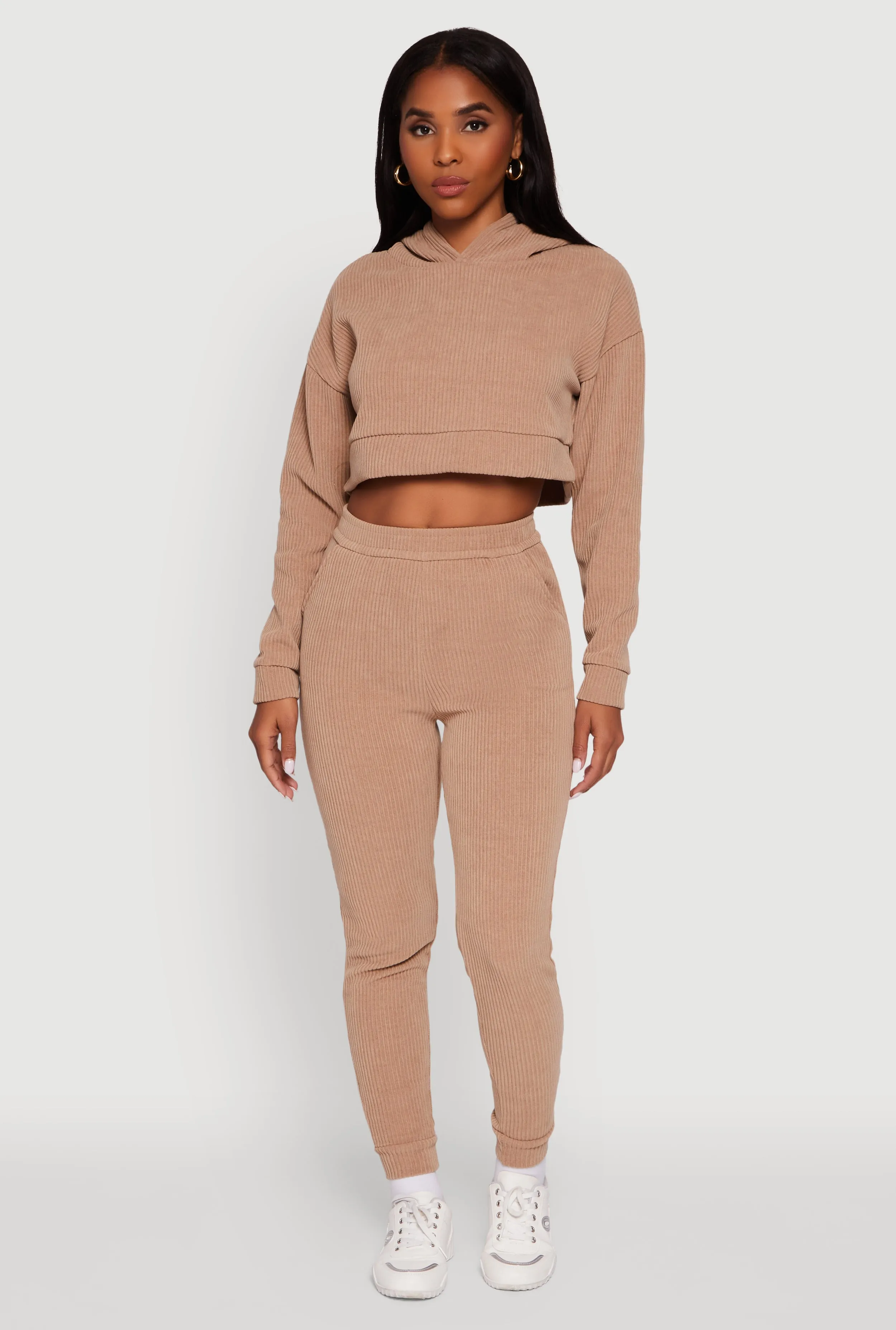 Ribbed Knit Long Sleeve Hooded Crop Top sold by Rainbow product image thumbnail 2