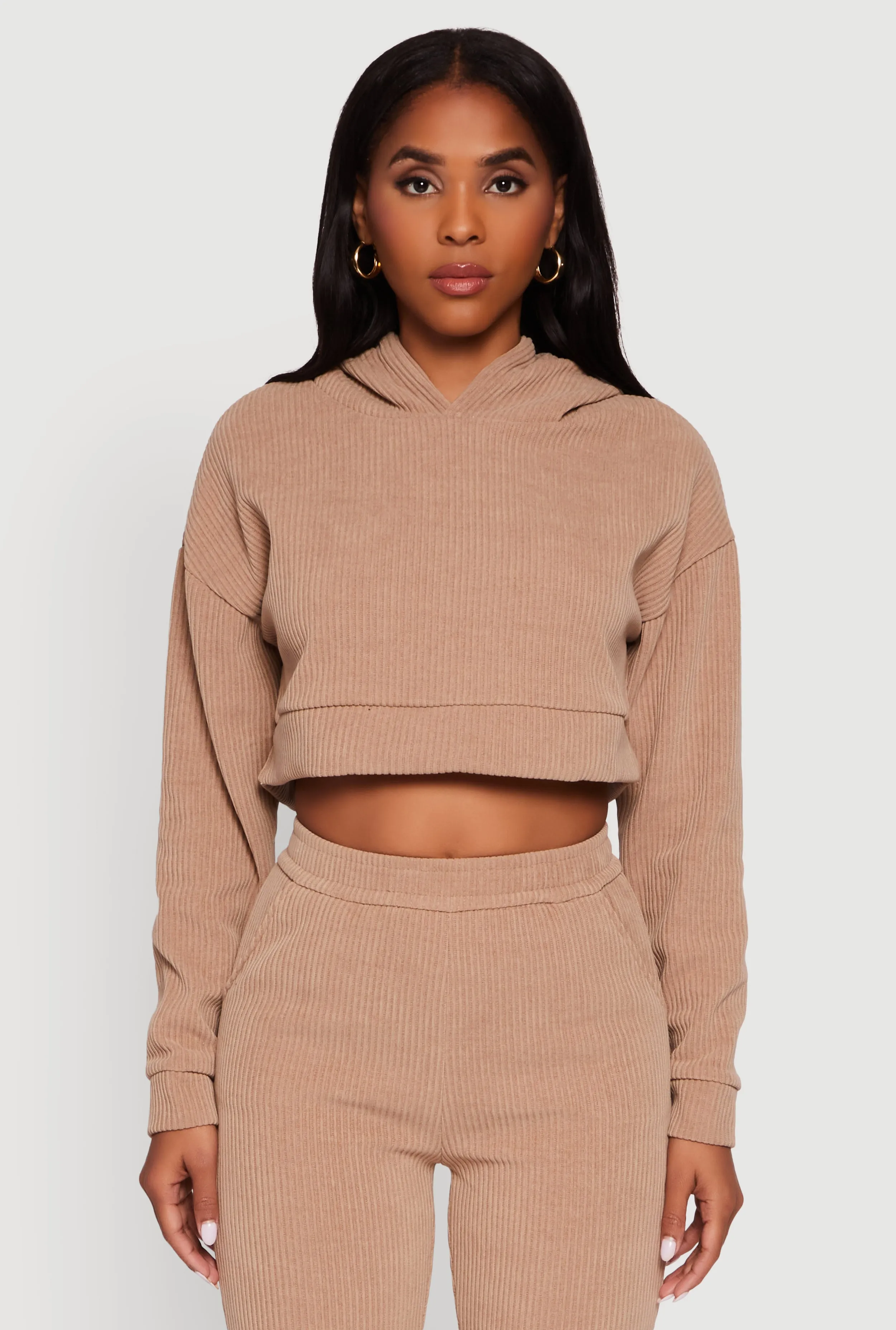 Ribbed Knit Long Sleeve Hooded Crop Top sold by Rainbow