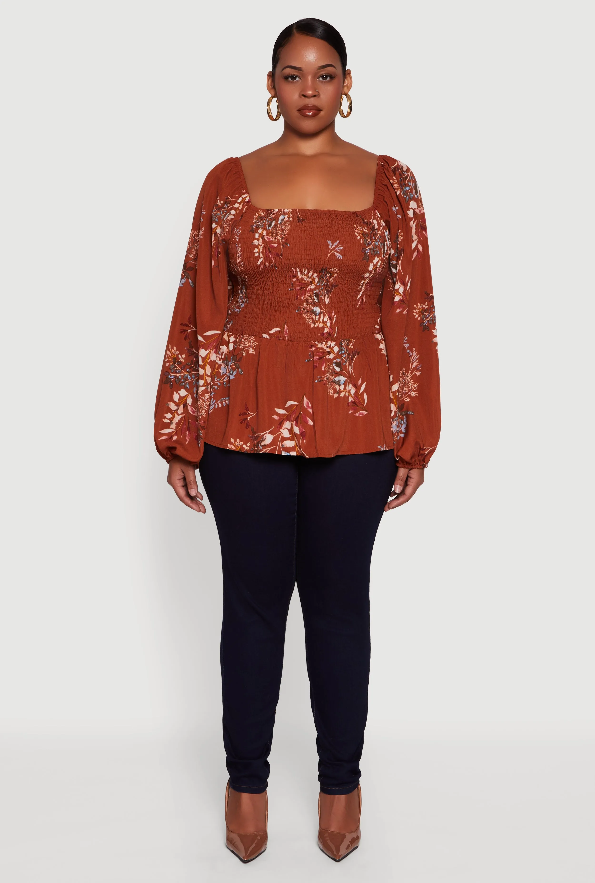 Plus Size Floral Print Smocked Bubble Sleeve Peplum Top sold by Rainbow product image thumbnail 3