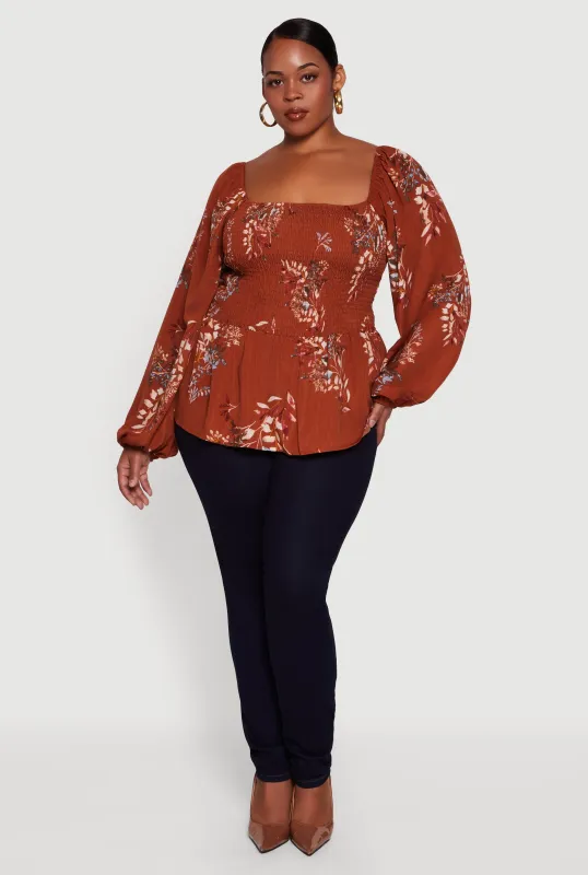 Plus Size Floral Print Smocked Bubble Sleeve Peplum Top sold by Rainbow