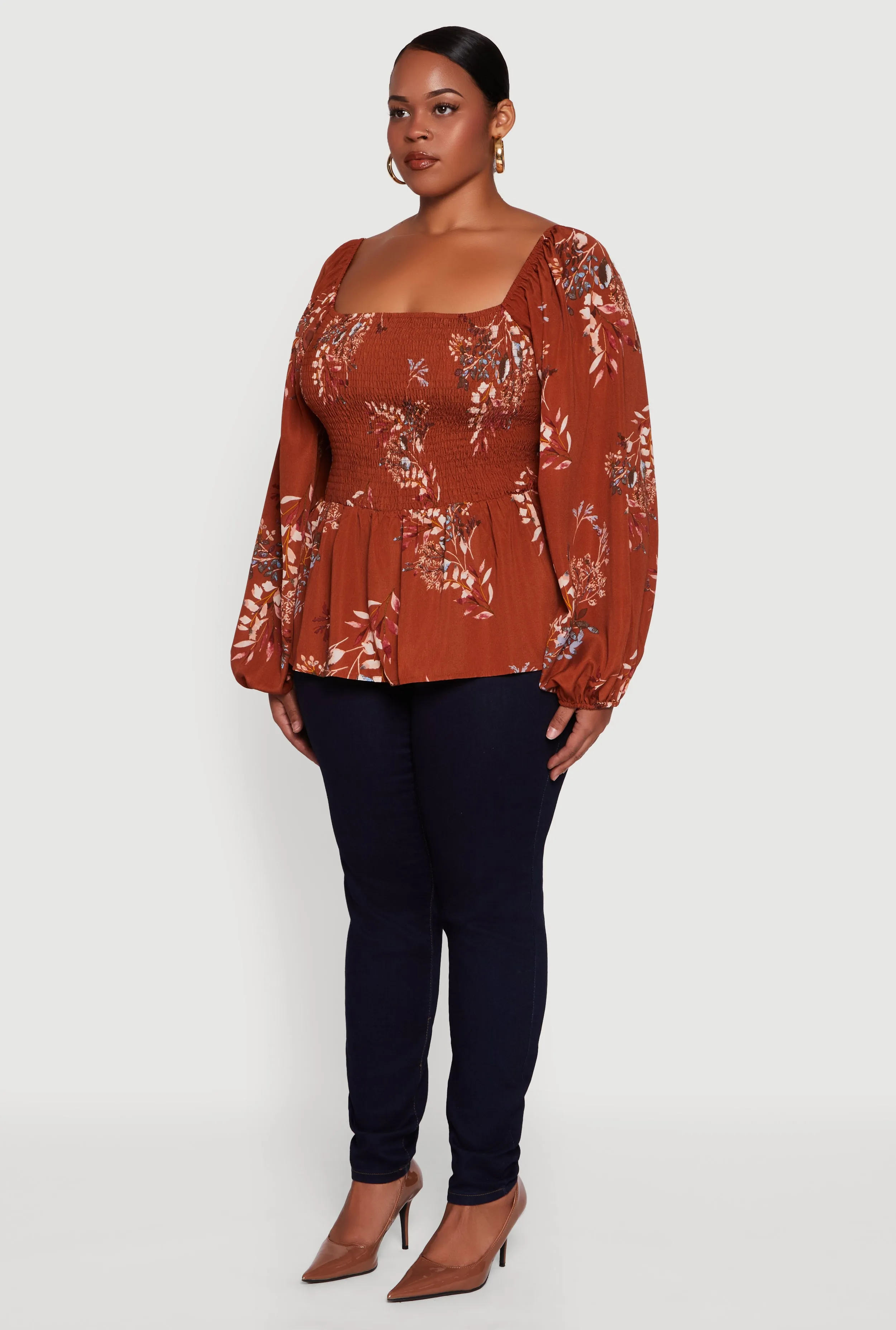 Plus Size Floral Print Smocked Bubble Sleeve Peplum Top sold by Rainbow product image thumbnail 5