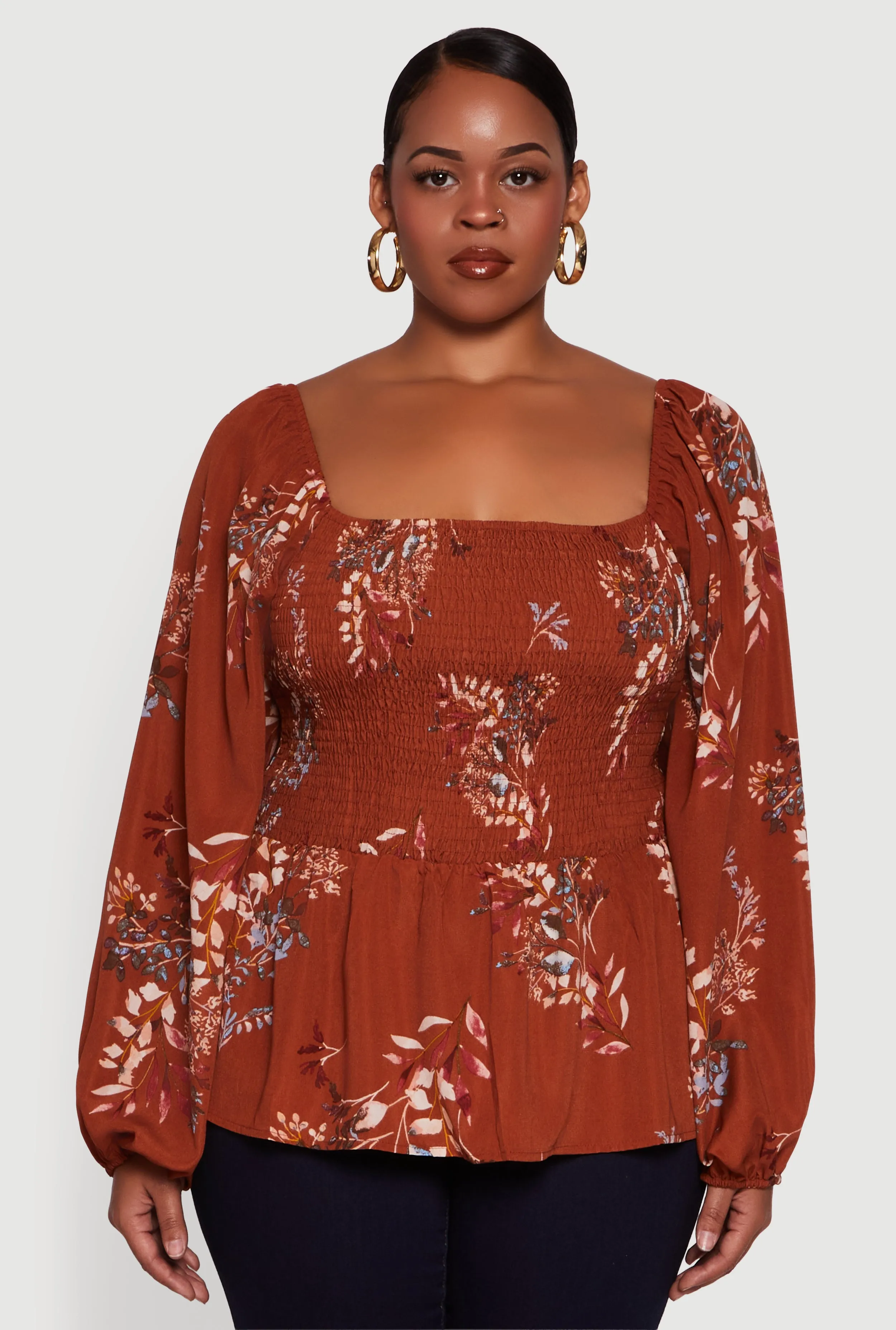Plus Size Floral Print Smocked Bubble Sleeve Peplum Top sold by Rainbow product image thumbnail 2