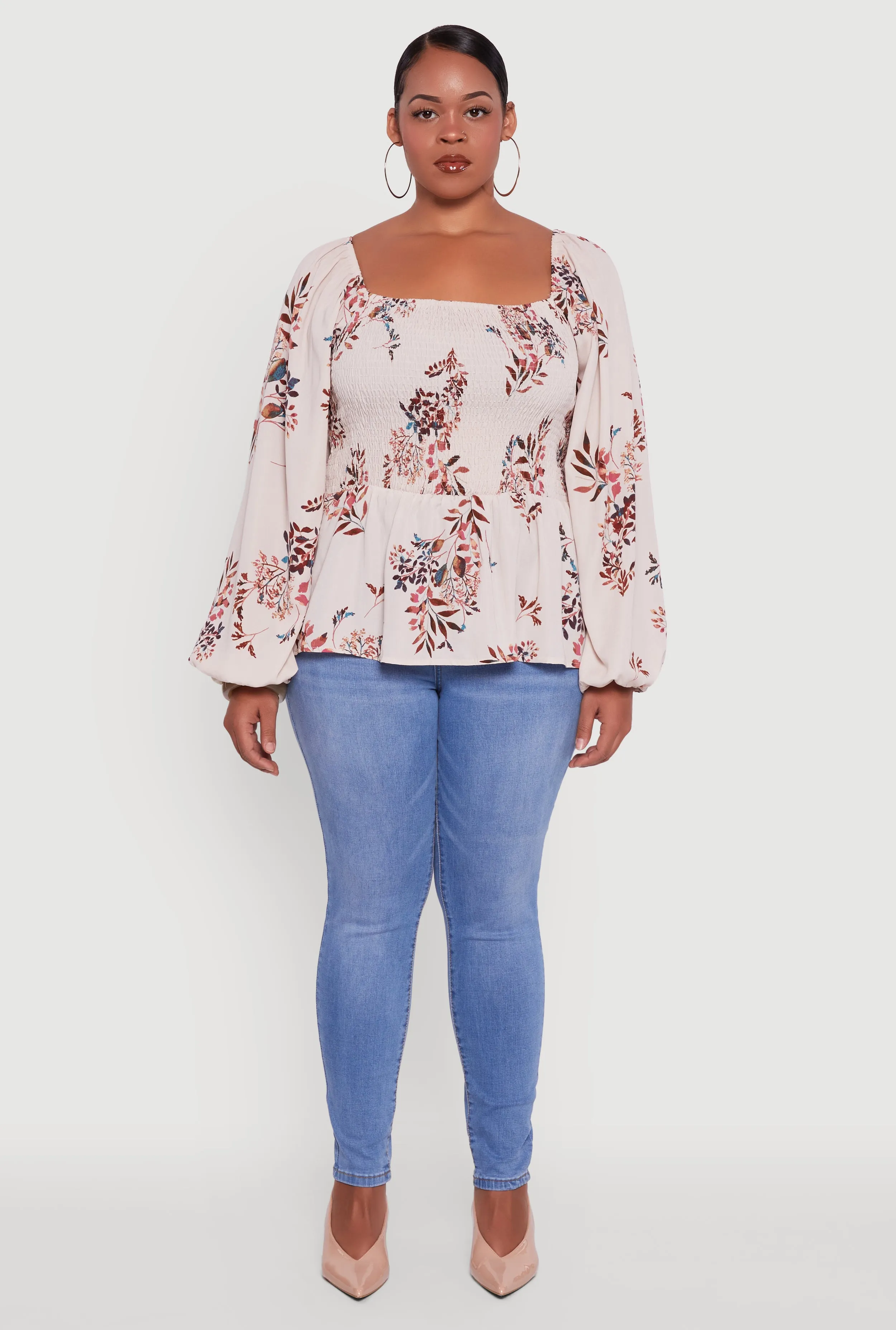 Plus Size Floral Print Smocked Bubble Sleeve Peplum Top sold by Rainbow product image thumbnail 3
