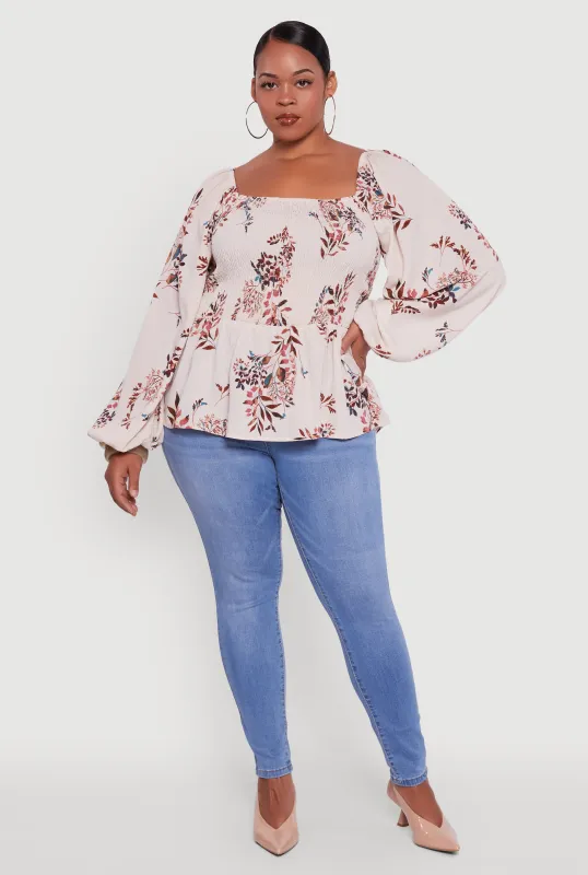 Plus Size Floral Print Smocked Bubble Sleeve Peplum Top sold by Rainbow