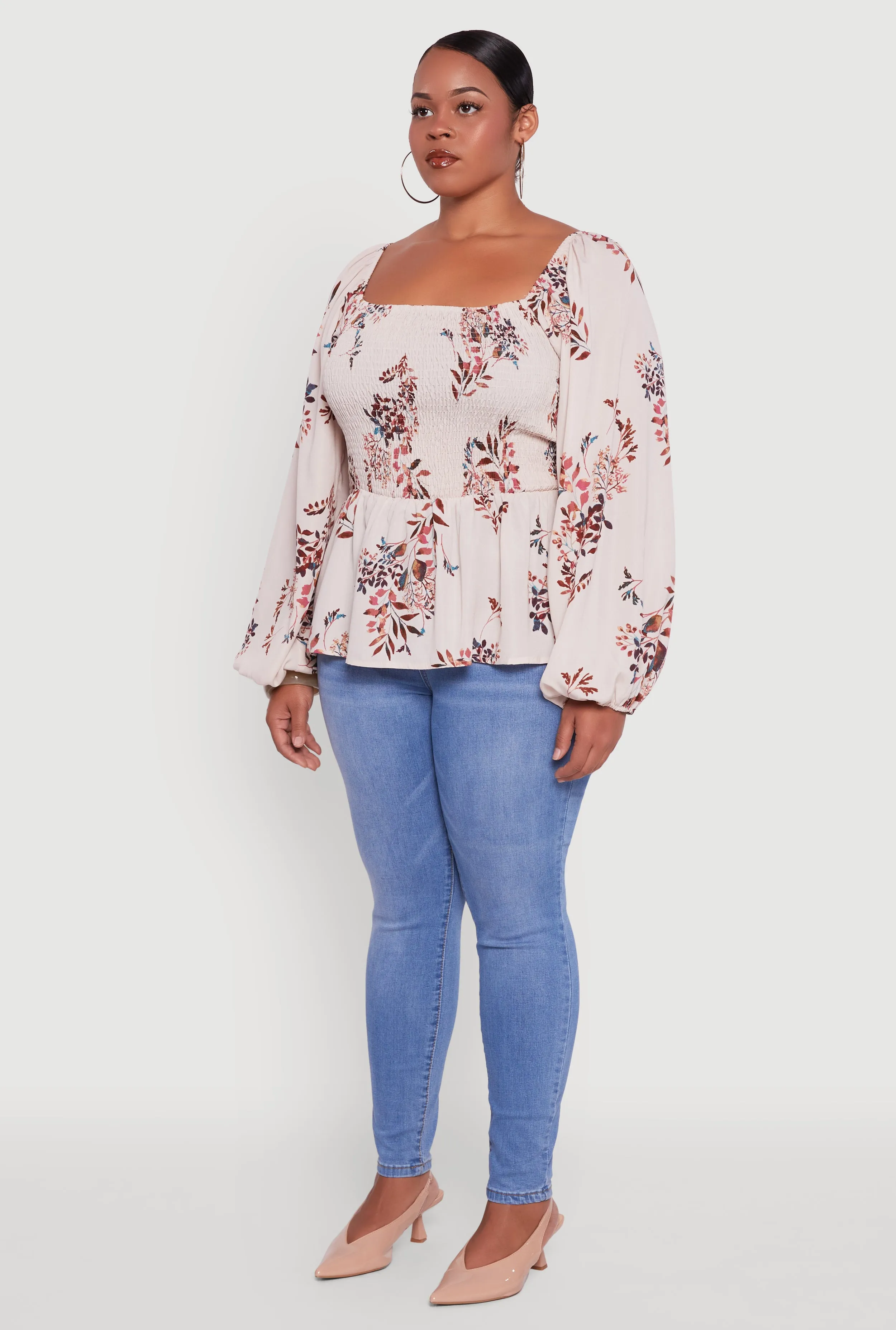 Plus Size Floral Print Smocked Bubble Sleeve Peplum Top sold by Rainbow product image thumbnail 5