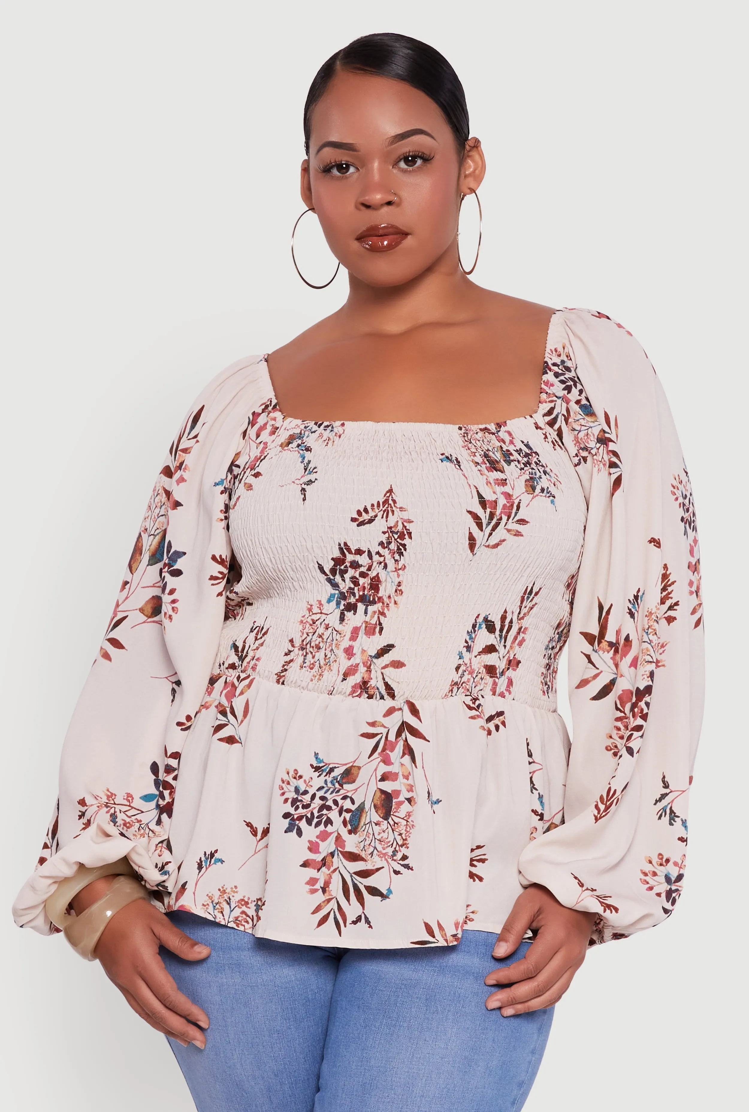 Plus Size Floral Print Smocked Bubble Sleeve Peplum Top sold by Rainbow product image thumbnail 2