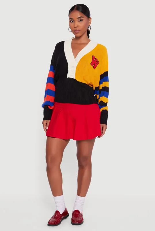 Color Blocked Striped W Patch Graphic Sweater made by Rainbow