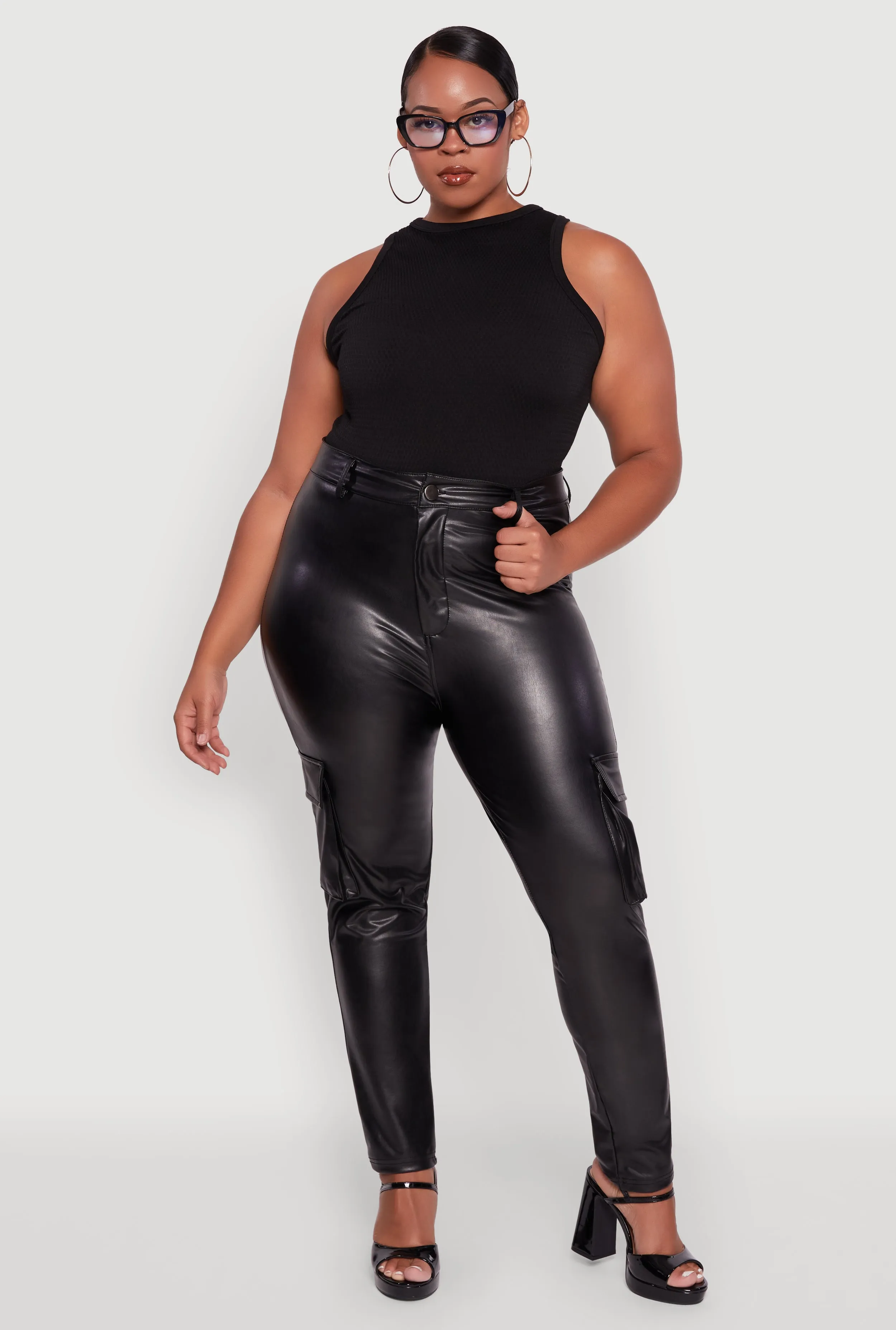 Plus Size Faux Leather High Waisted Cargo Pants sold by Rainbow