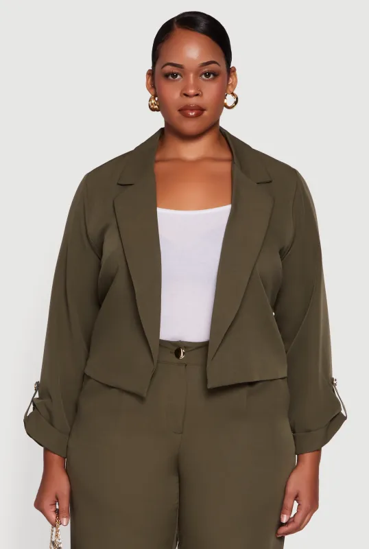 Plus Size Crepe Knit Cropped Long Sleeve Collared Blazer sold by Rainbow
