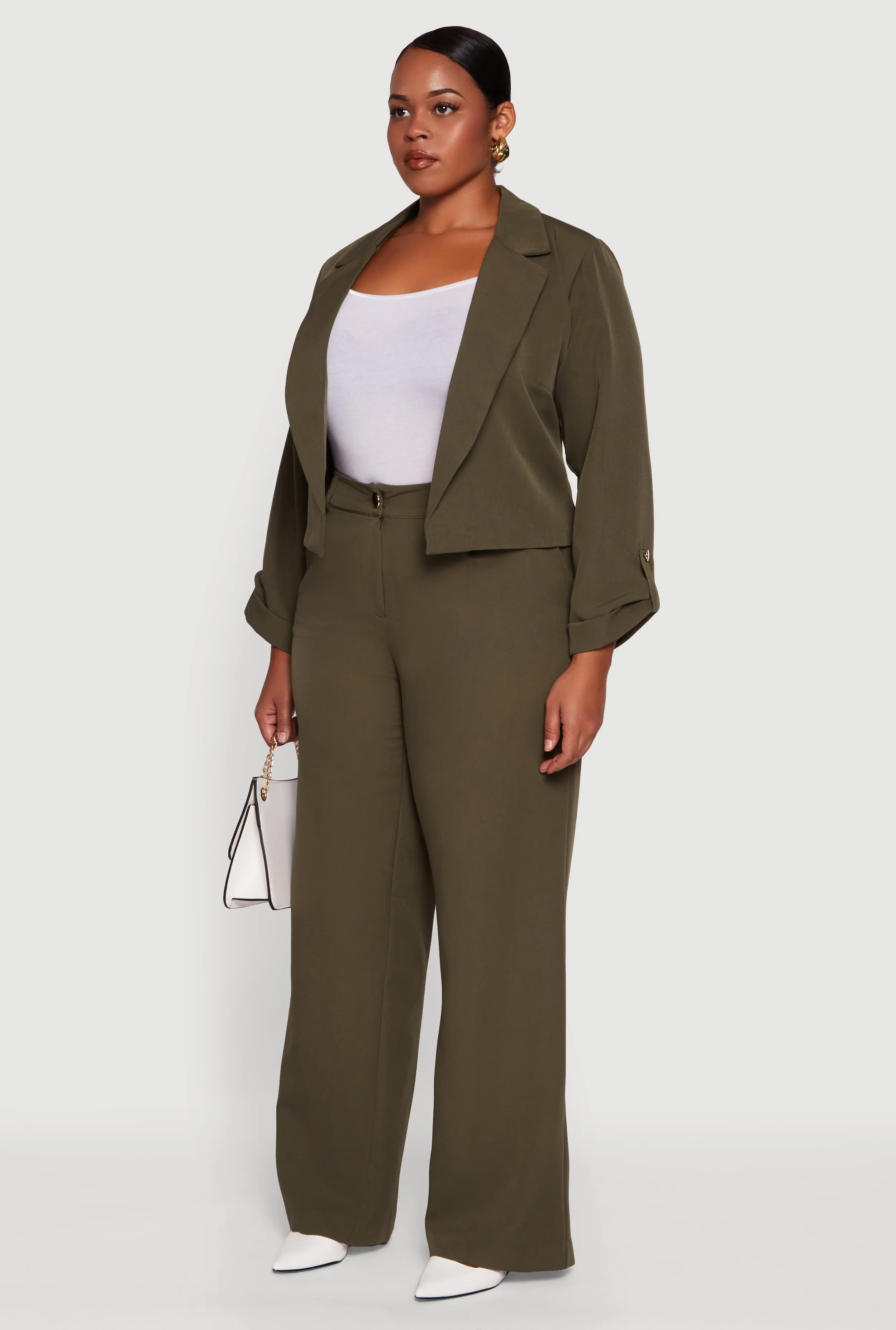 Plus Size Crepe Knit Cropped Long Sleeve Collared Blazer sold by Rainbow product image thumbnail 5