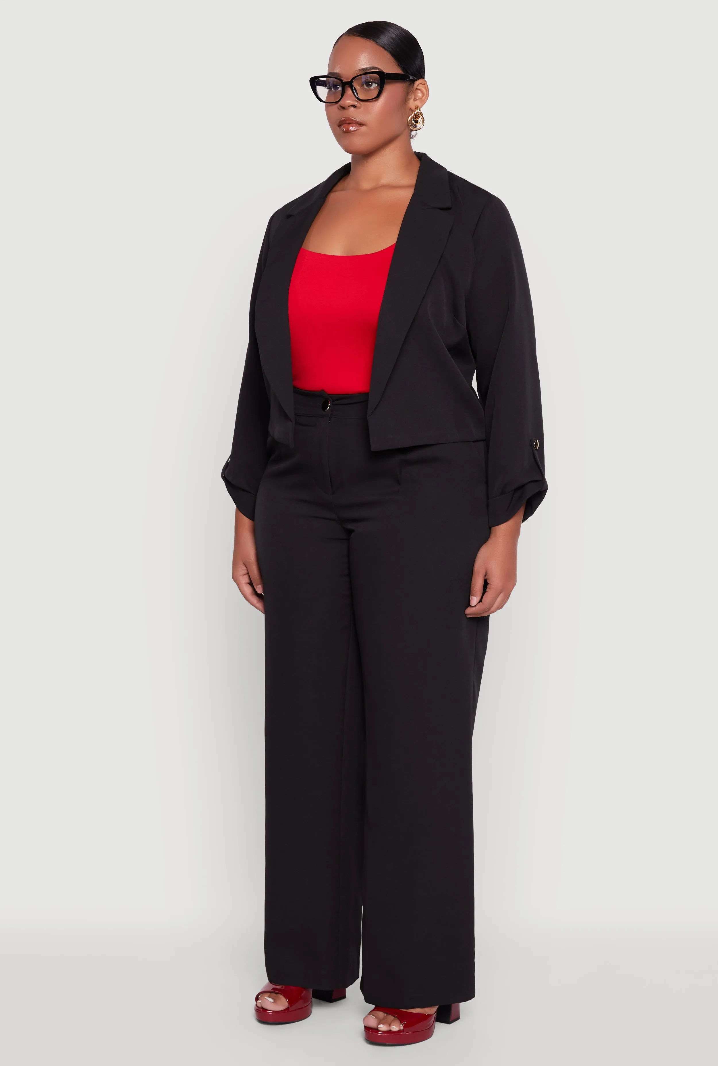 Plus Size Crepe Knit Cropped Long Sleeve Collared Blazer sold by Rainbow product image thumbnail 5