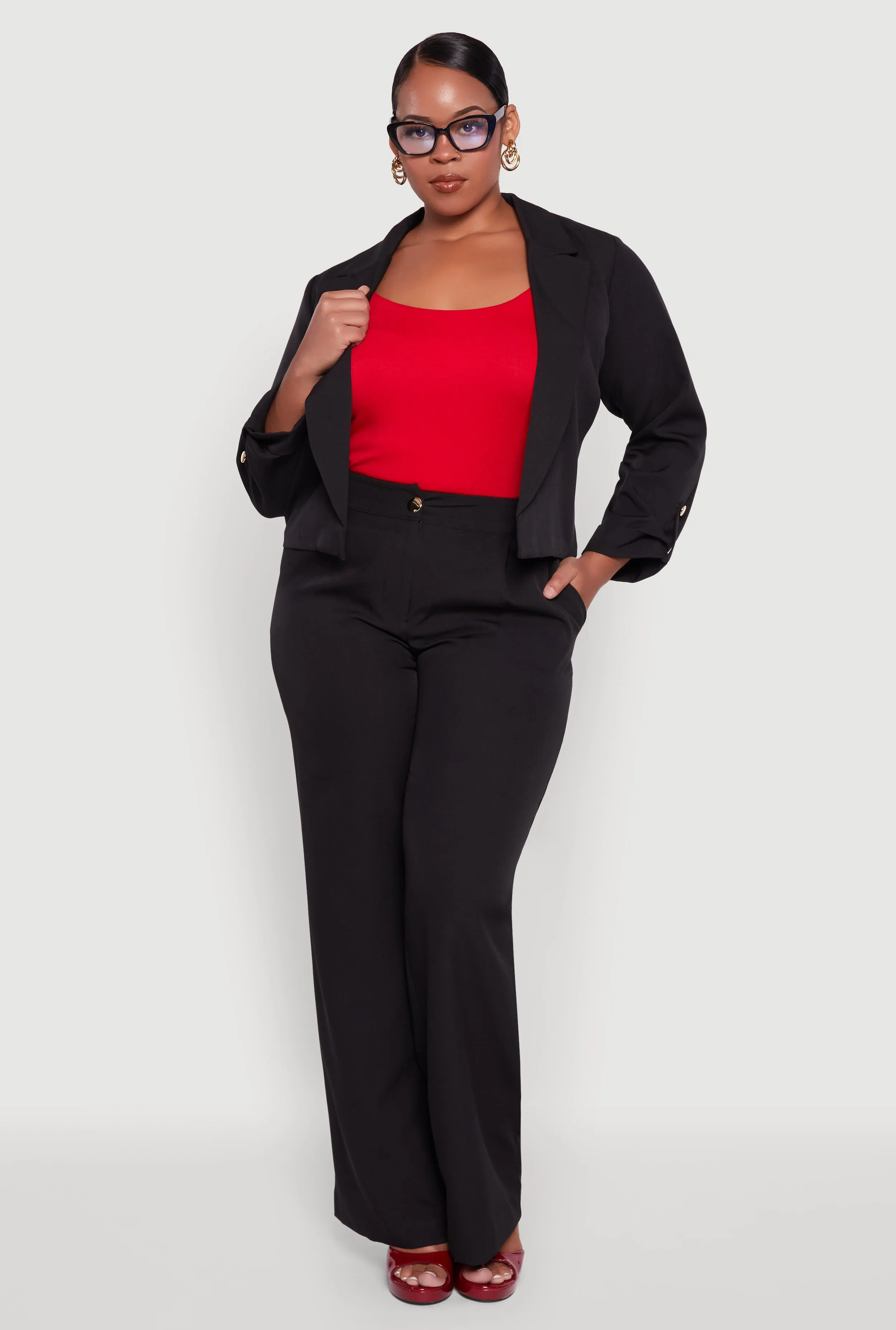 Plus Size Crepe Knit Cropped Long Sleeve Collared Blazer sold by Rainbow product image thumbnail 2